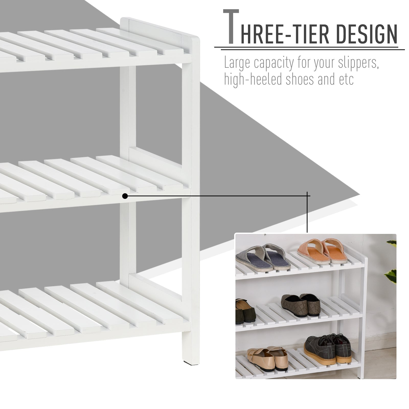 3-Tier Shoe Rack Wood Frame Slatted Shelves Spacious Open Hygienic Storage Home Hallway Furniture Family Guests 70L x 26W x 57.5H cm - White-4