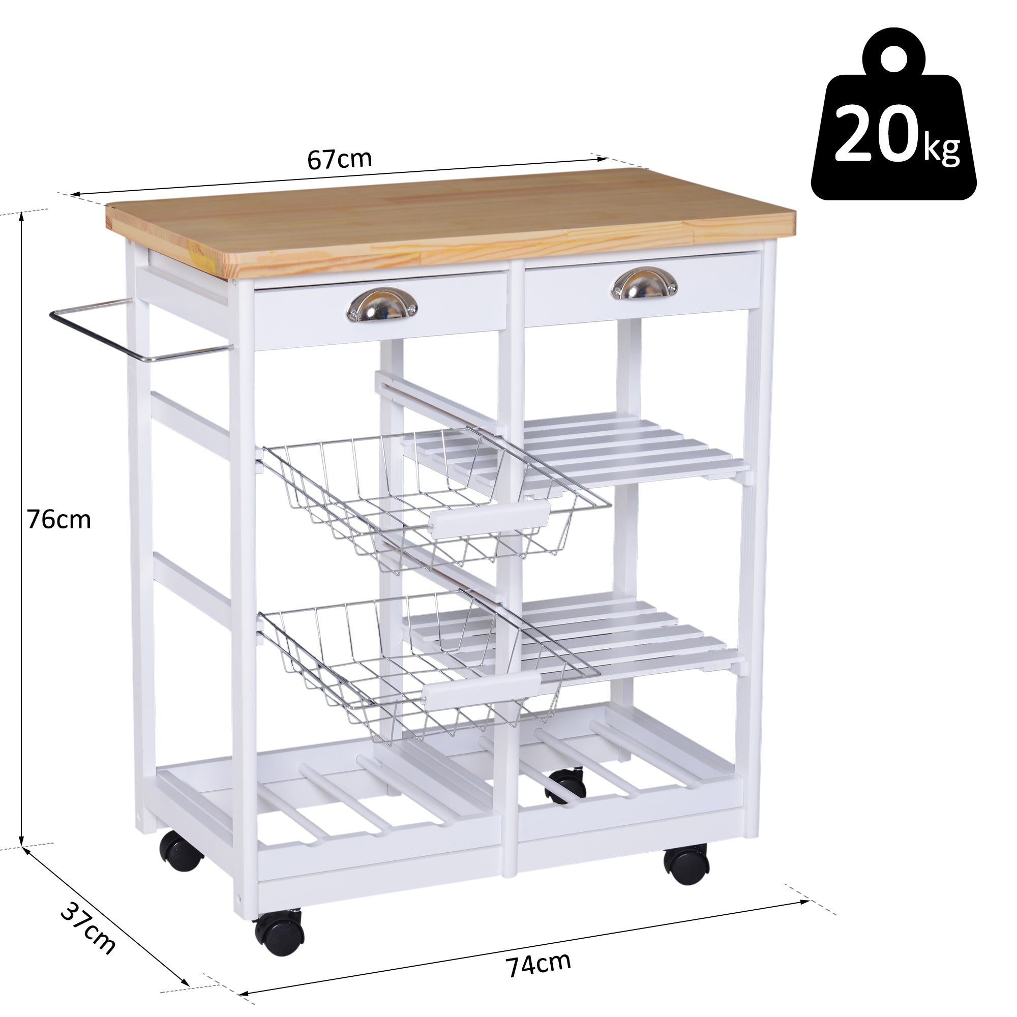 Rolling Kitchen Island Trolley Cart Drawer Shelves Basket Wheels W/ 6 Bottle Wine Rack White-2