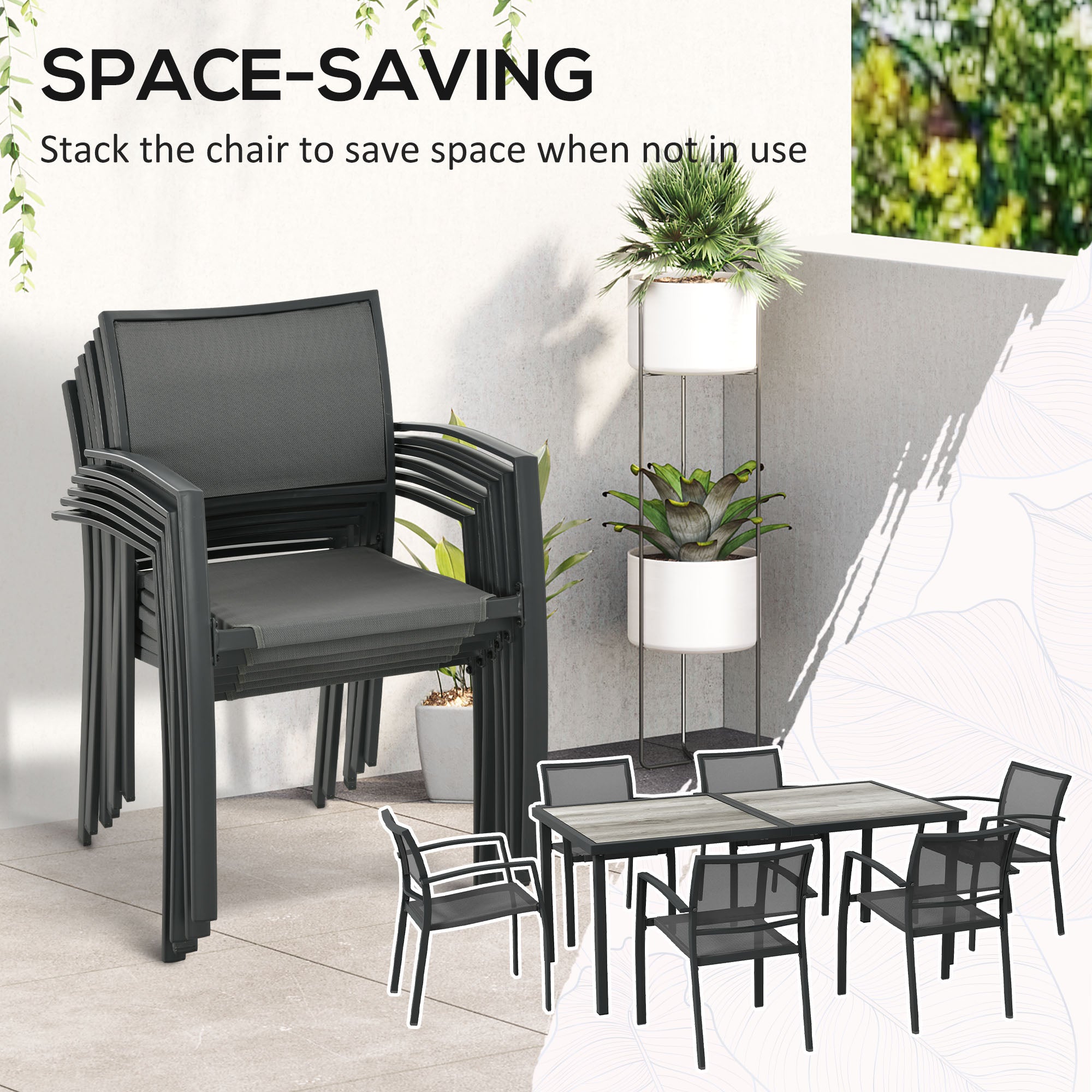 7 Pieces Garden Dining Set, Stackable Chairs, Outdoor Patio Dining Set, 6 Seater Outdoor Table and Chairs with Breathable Mesh Seat, Back, Plastic Top for Poolside, Space-Saving, Grey-3
