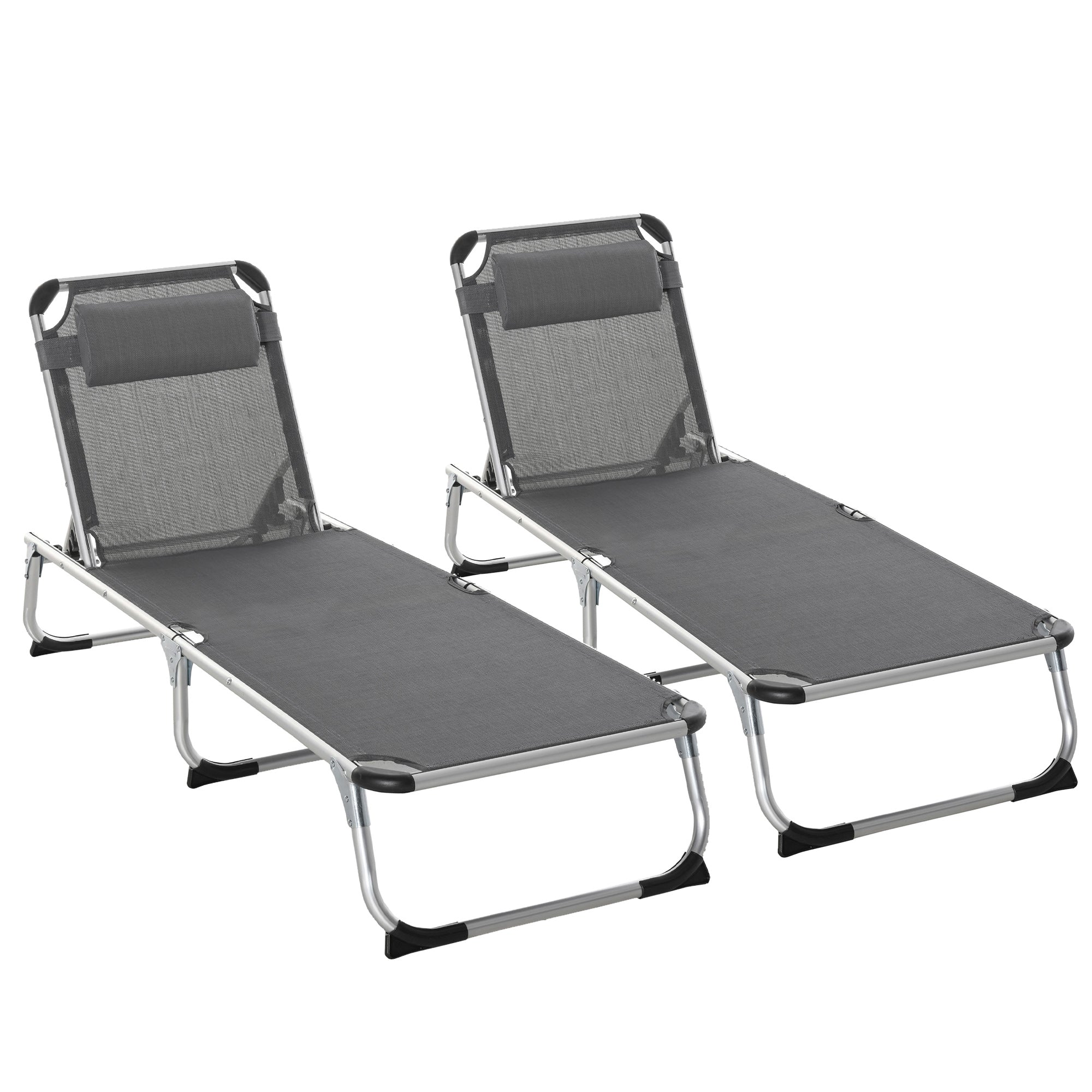 2 Pieces Foldable Sun Lounger with Pillow, 5-Level Adjustable Reclining Lounge Chair, Aluminium Frame Camping Bed Cot, Grey-0