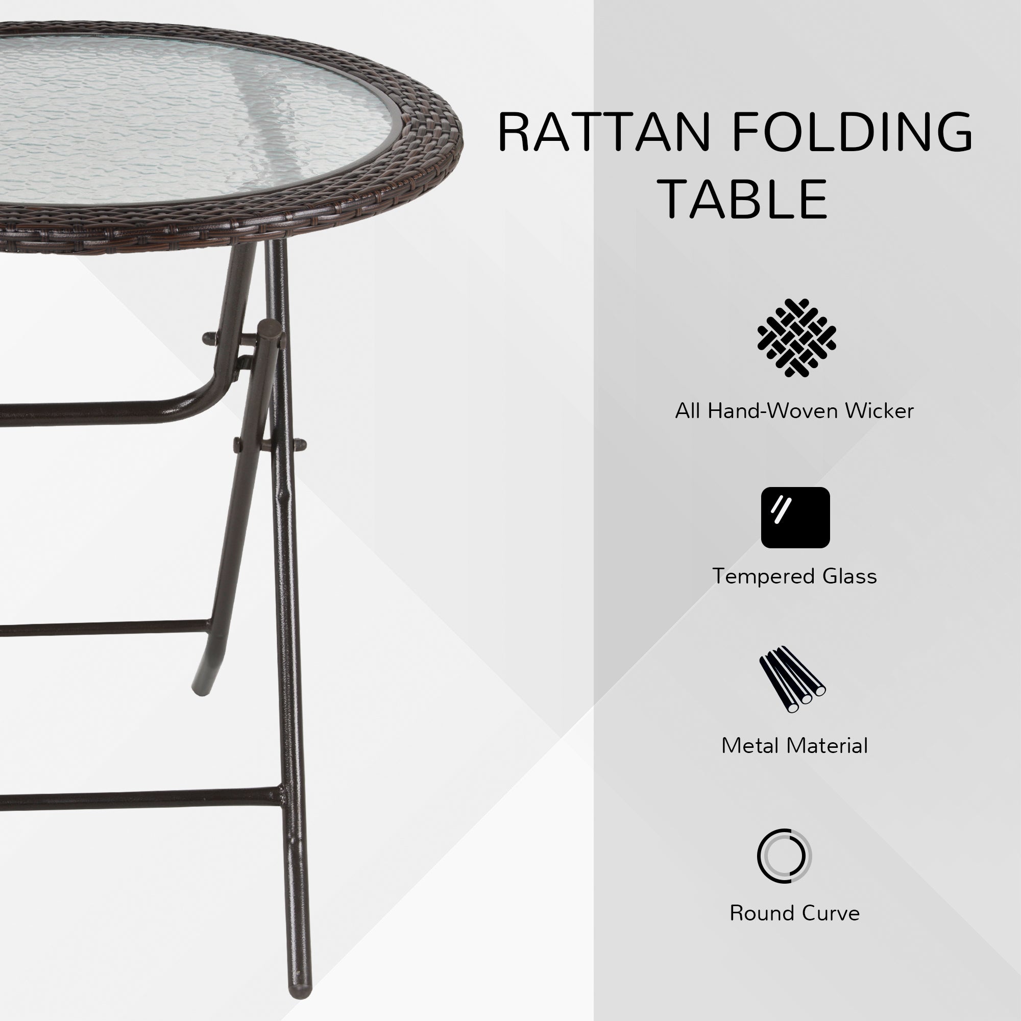Folding Round Tempered Glass Metal Table with Brown Rattan Edging-3