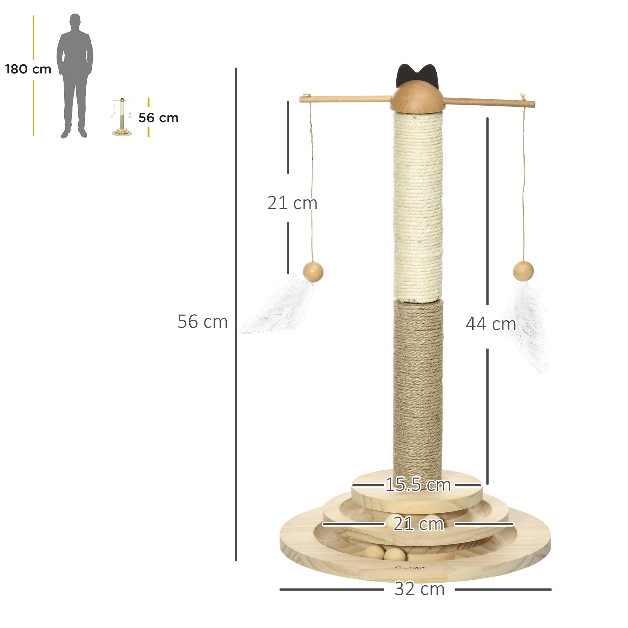 56cm Cat Tree, Kitty Activity Center with Turntable Interactive Ball Toy, Cat Tower with Jute & Sisal Scratching Post, Natural-2