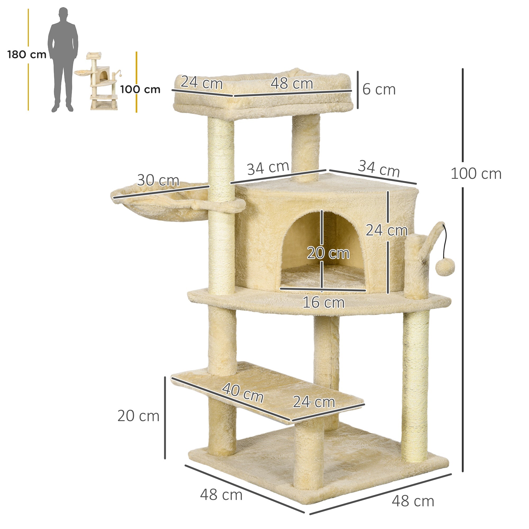 Sisal 100cm Cat Tree Tower with Sisal Scratching Post Cream White-2