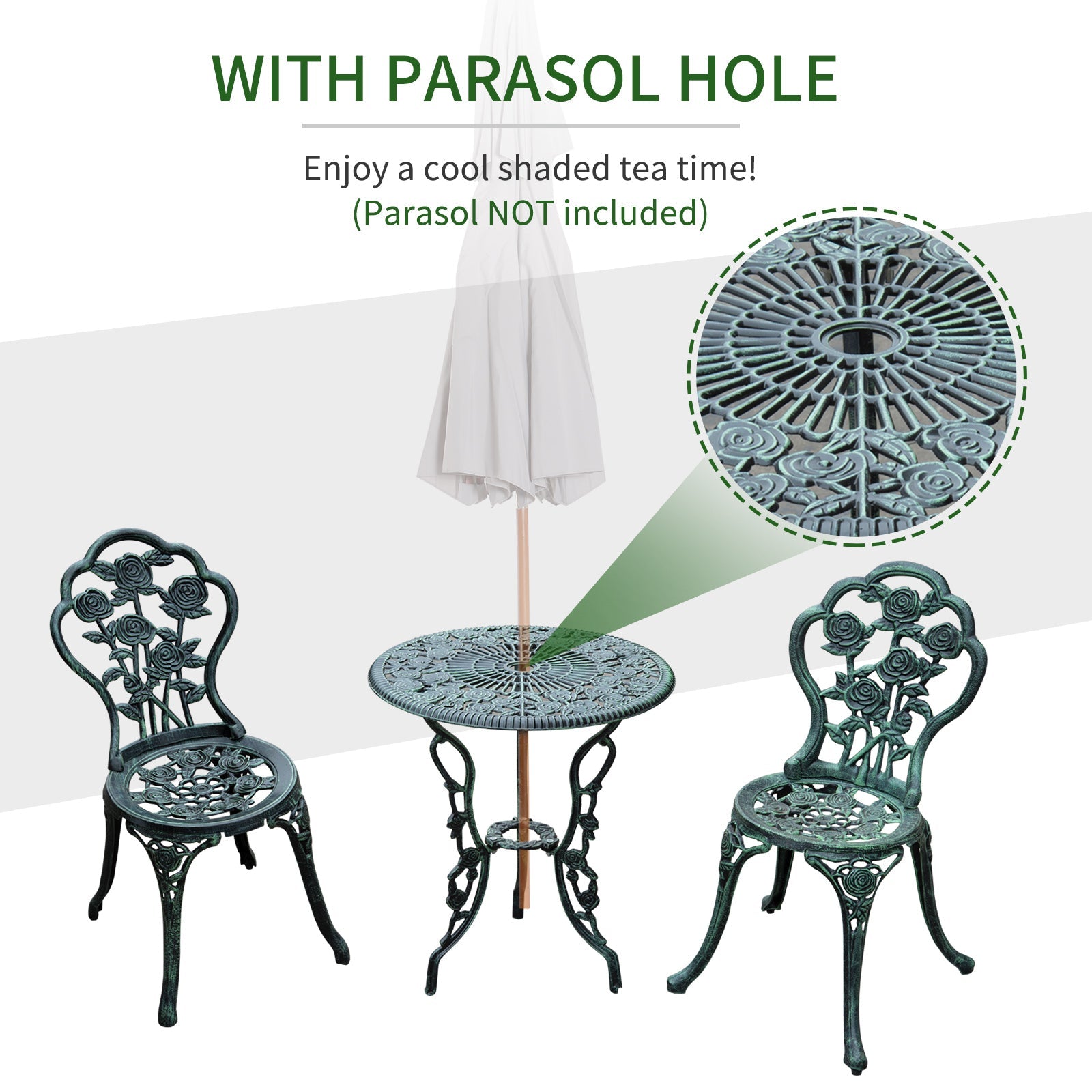 Cast Aluminium Outdoor Patio Garden Bistro Elegant Design Table Chair Set - Green (3-Piece)-3