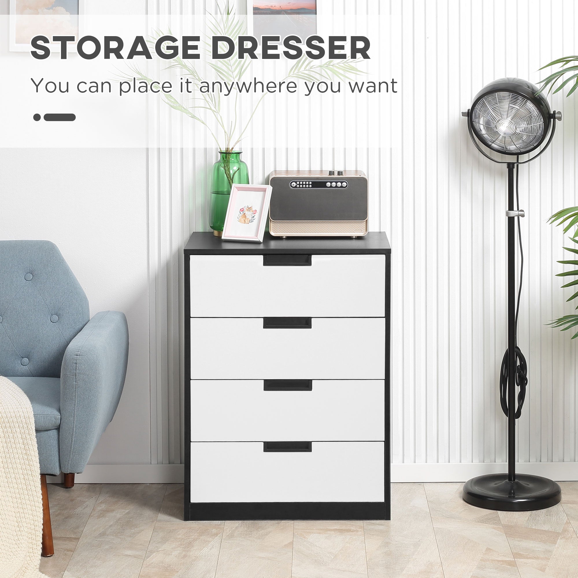 Drawer Chest, 4-Drawer Storage Cabinet Organiser for Bedroom, Living Room, 60cmx40cmx80cm, White and Black-3