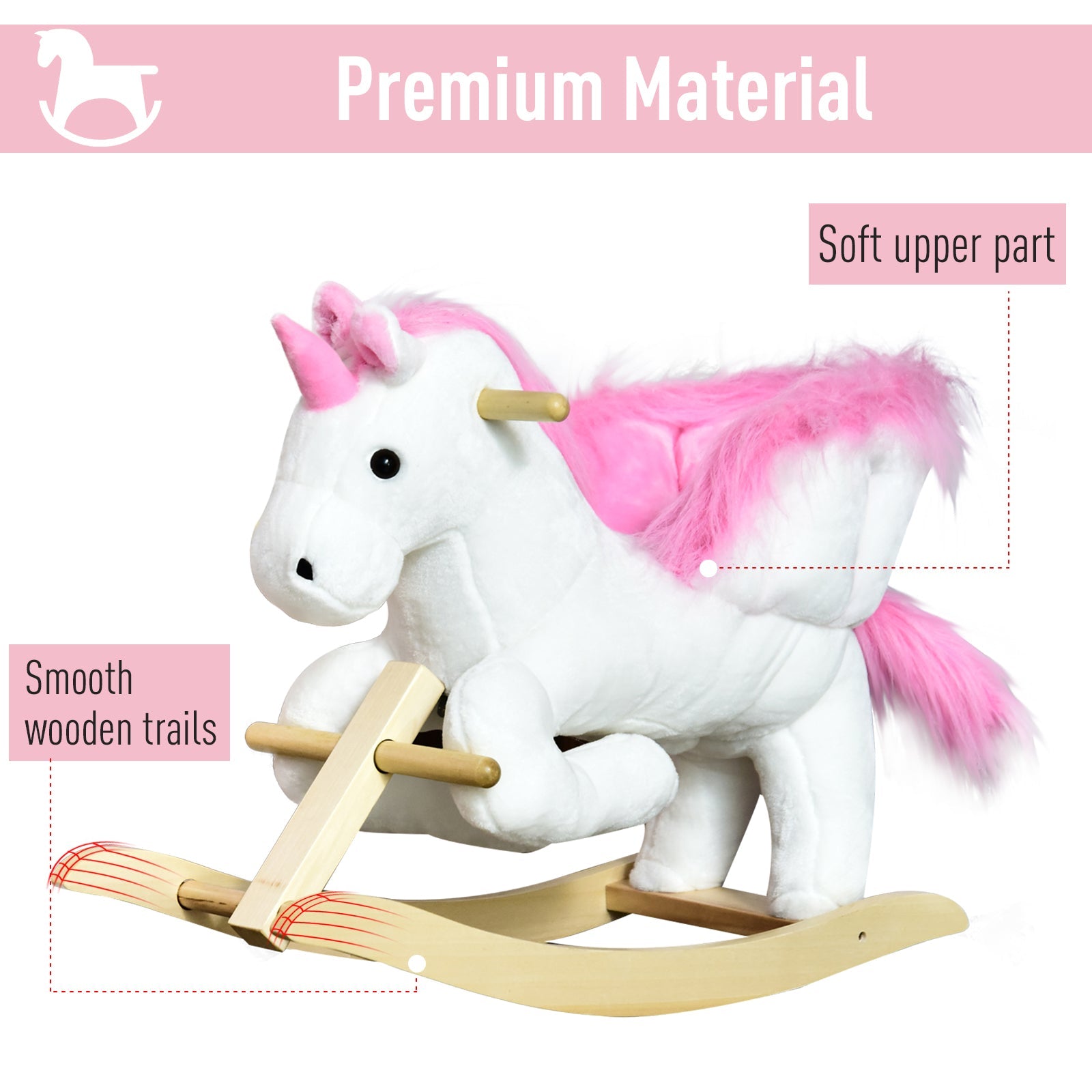 Unicorn Rocking Horse Kids Wooden Ride On Plush Toy w/ Music-3