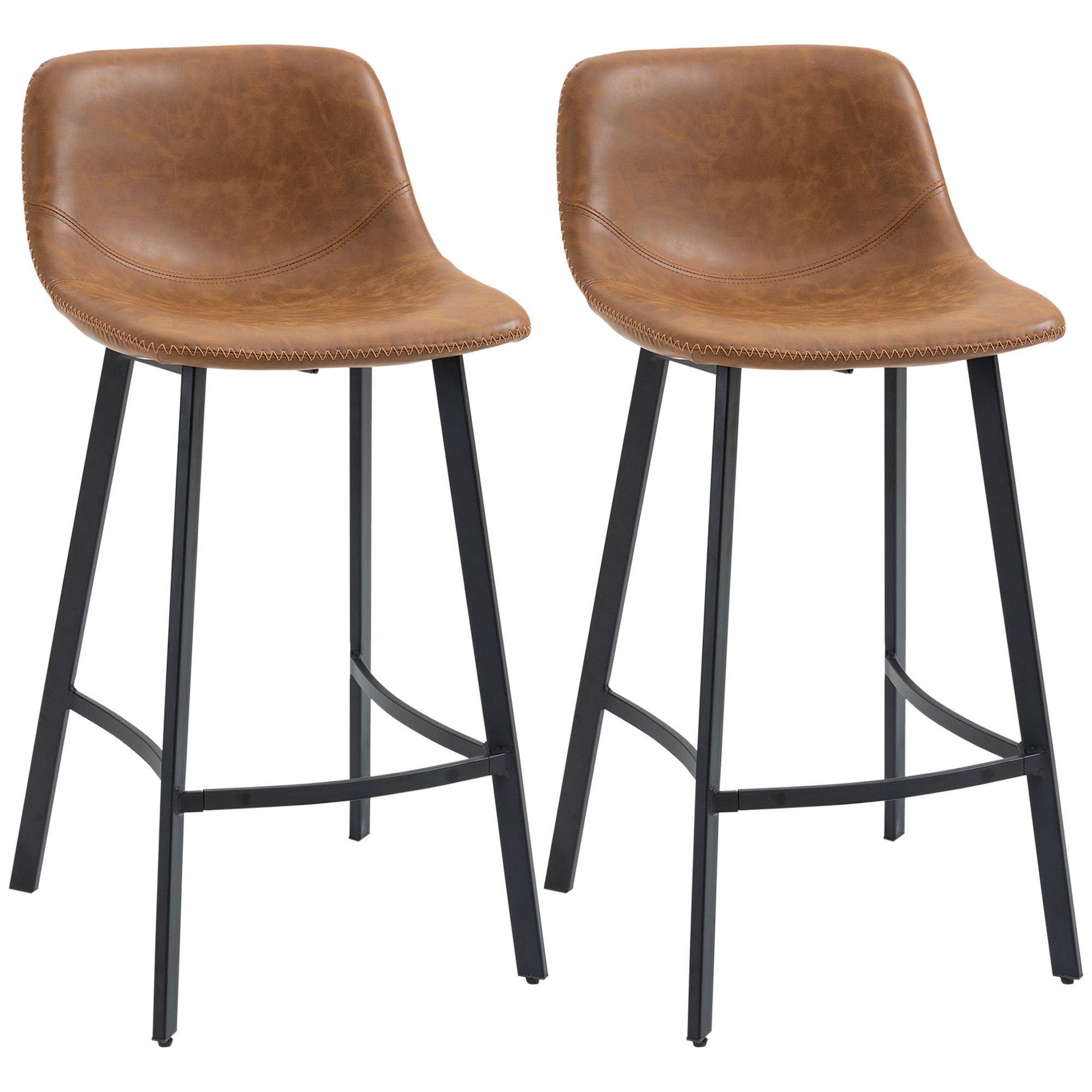 Bar Stools Set of 2, Industrial Kitchen Stool, Upholstered Bar Chairs with Back, Steel Legs, Brown-0