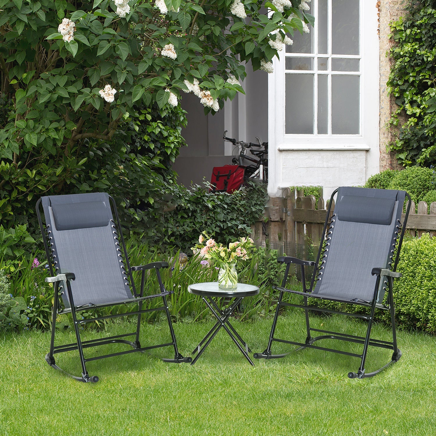 3 Piece Outdoor Rocking Set with 2 Folding Chairs and 1 Tempered Glass Table, Patio Bistro Set for Garden, Deck, Grey-1