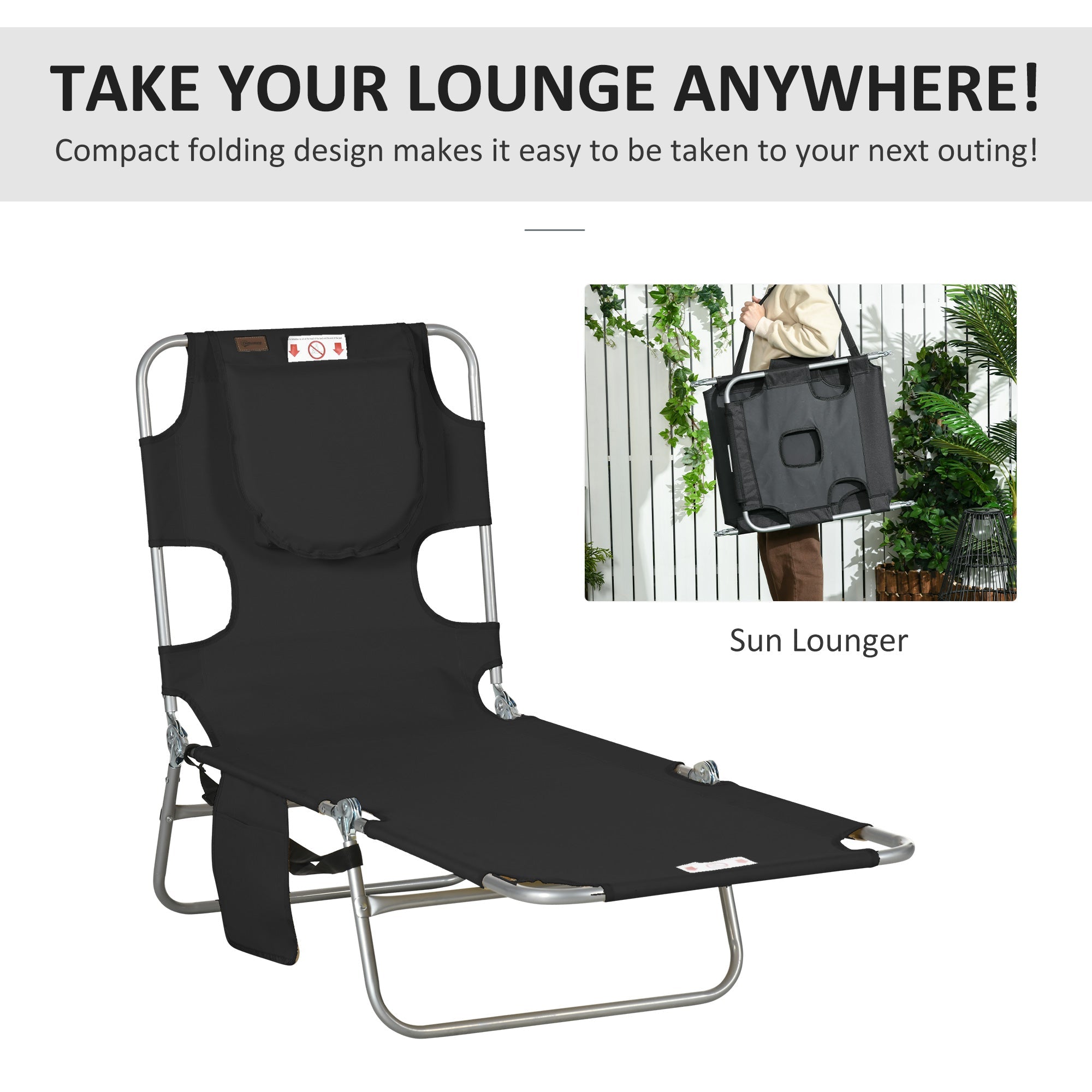Foldable Sun Lounger, Beach Chaise Lounge with Reading Hole, Arm Slots, 5-Position Adjustable Backrest, Side Pocket, Pillow for Patio Black-4