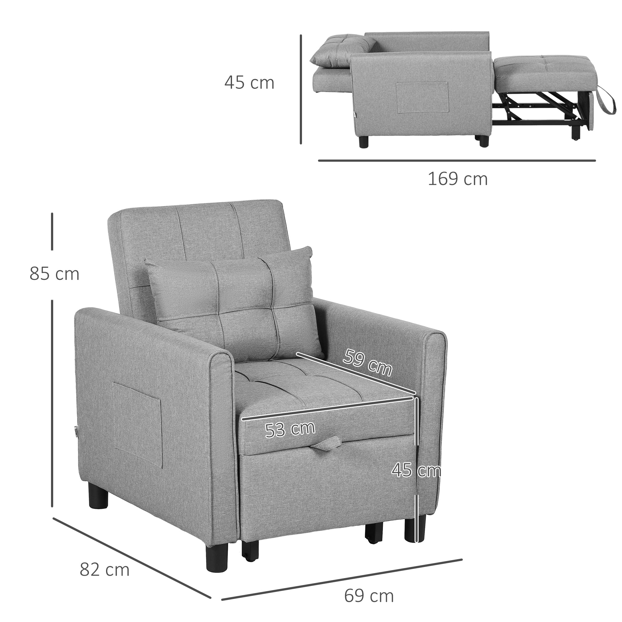 3-In-1 Convertible Chair Bed, Pull Out Sleeper Chair, Fold Out Bed with Adjustable Backrest, Side Pockets, Light Grey-2
