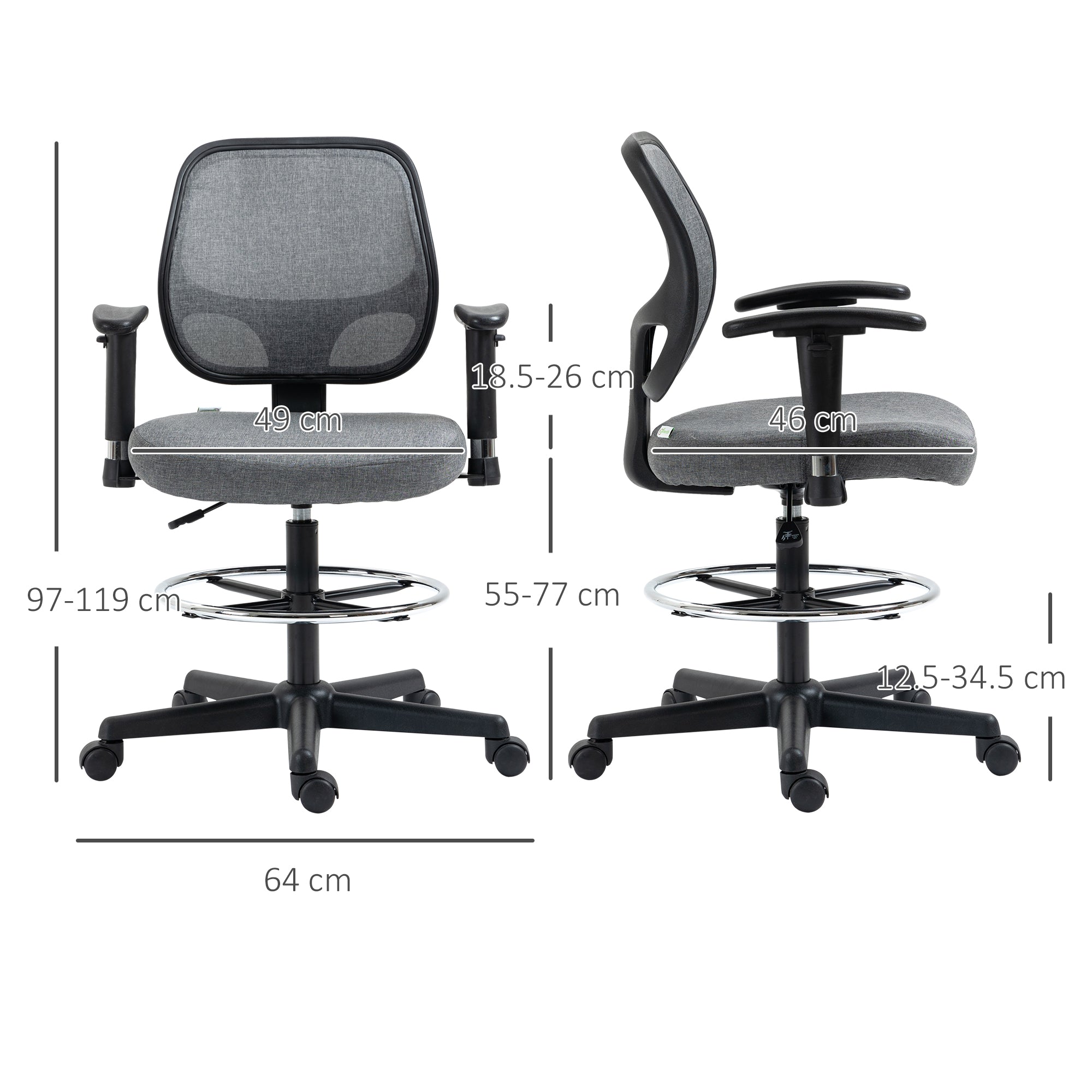 Drafting Chair Tall Office Fabric Standing Desk Chair with Adjustable Footrest Ring, Arm, Swivel Wheels, Grey-2