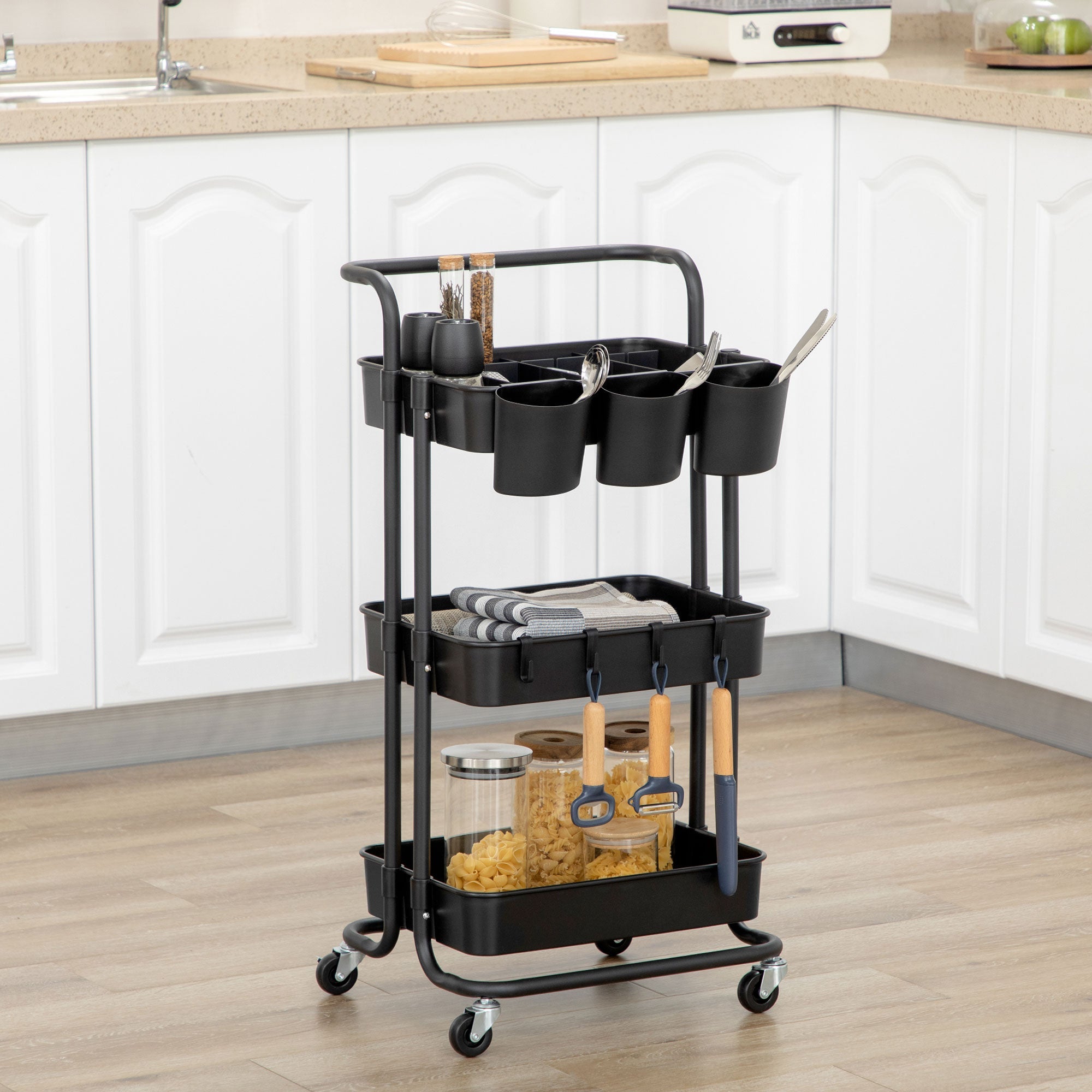 3 Tier Utility Rolling Cart, Kitchen Cart with 3 Removable Mesh Baskets, 3 Hanging Box, 4 Hooks and Dividers for Living Room, Laundry Black-1
