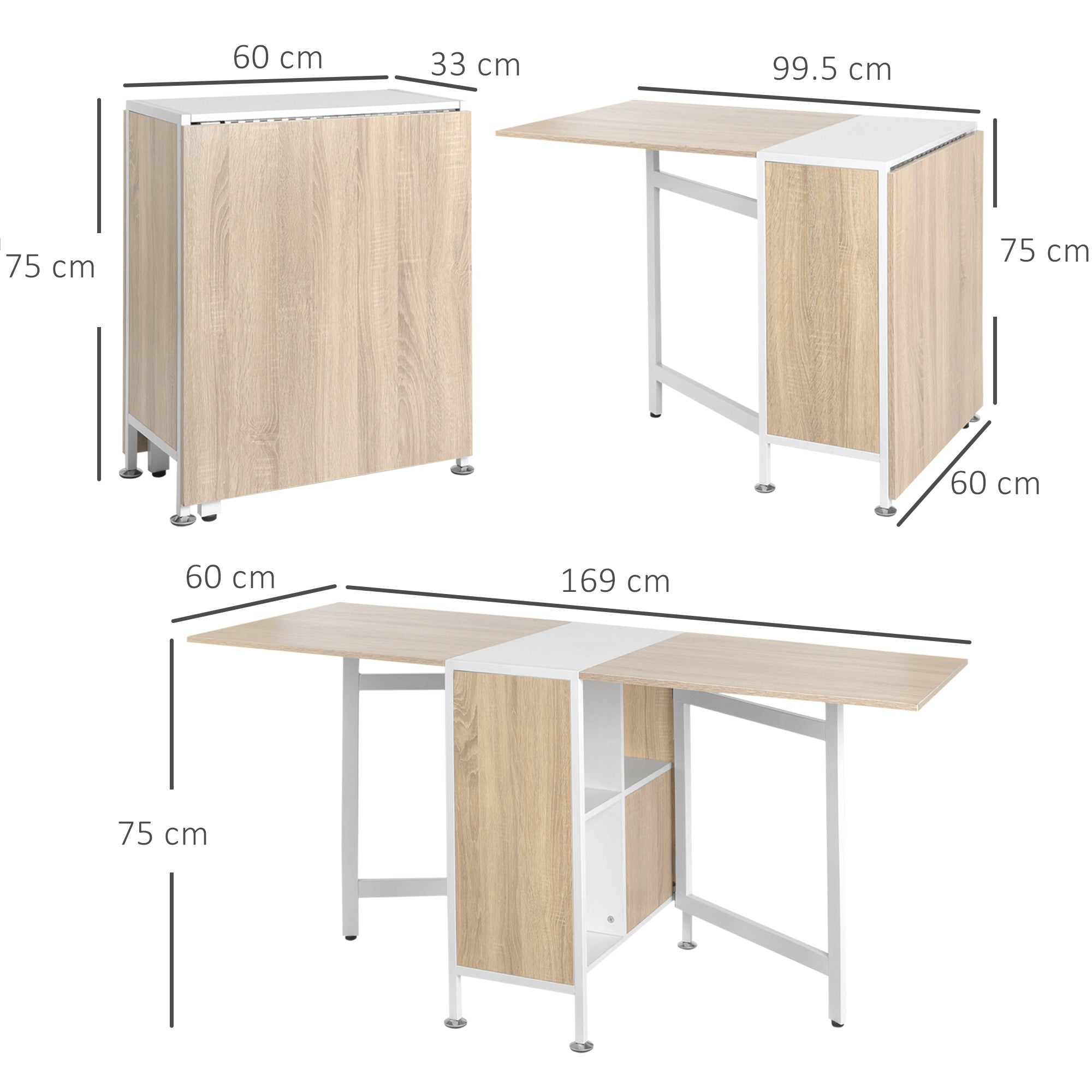 Foldable Dining Table Folding Workstation for Small Space with Storage Shelves Cubes Oak & White-2