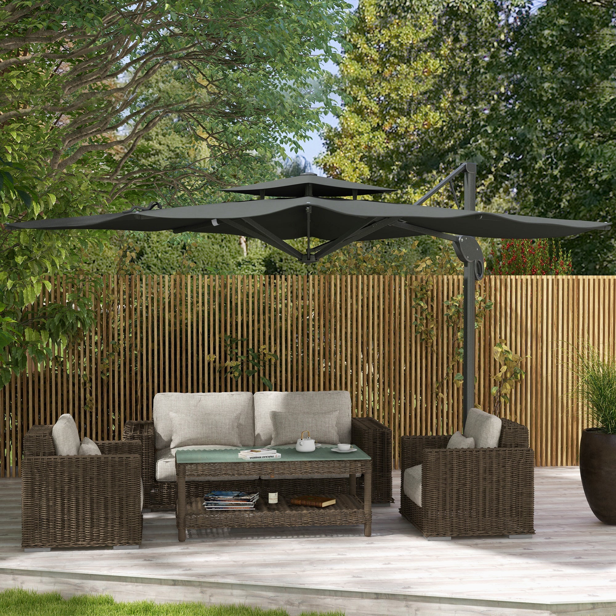Garden Parasol, 3(m) Cantilever Parasol with Hydraulic Mechanism, Dual Vented Top, 8 Ribs, Cross Base, Grey-1