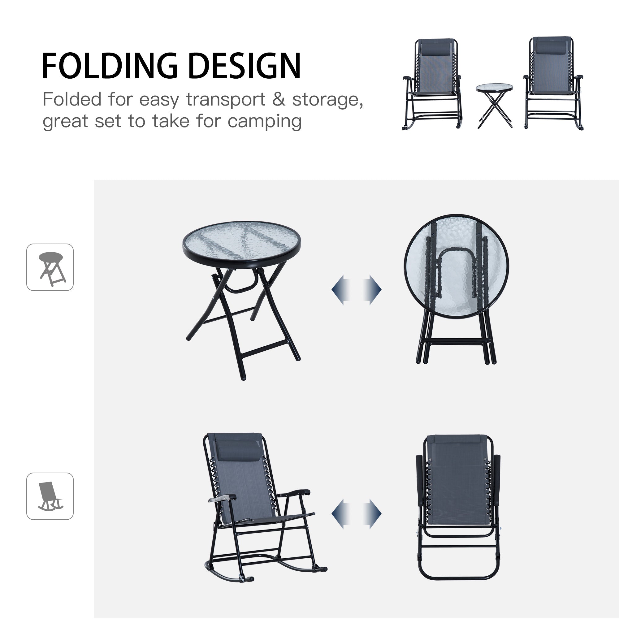 3 Piece Outdoor Rocking Set with 2 Folding Chairs and 1 Tempered Glass Table, Patio Bistro Set for Garden, Deck, Grey-3
