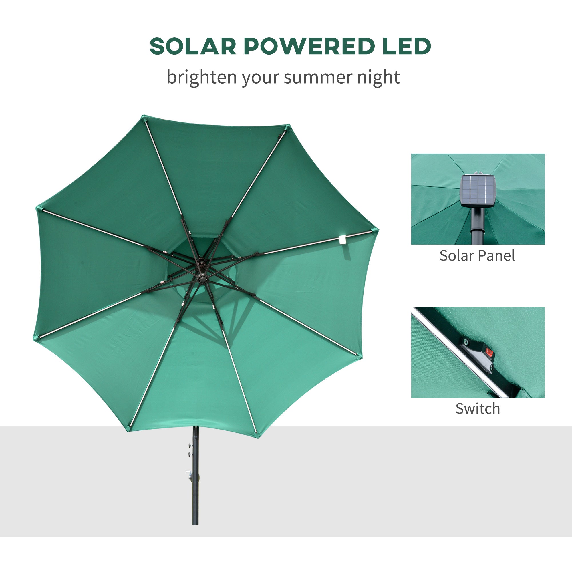 3(m) Cantilever Parasol Banana Hanging Umbrella with Double Roof, LED Solar lights, Crank, 8 Sturdy Ribs and Cross Base Green-3