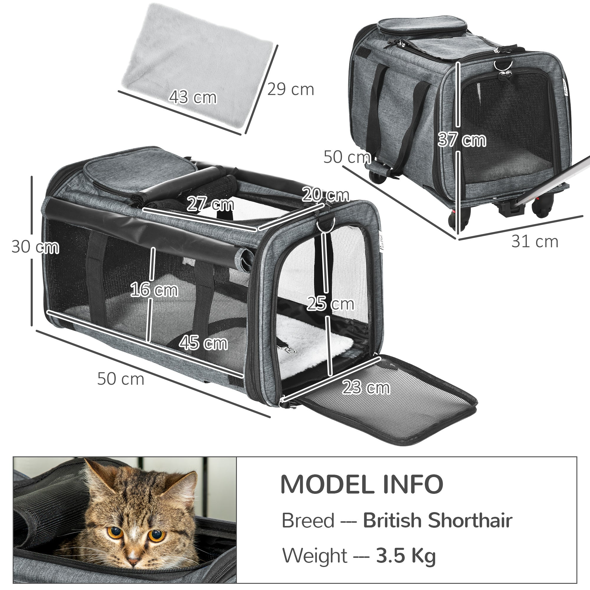 4 in 1 Pet Carrier Portable Cat Carrier Foldable Dog Bag On Wheels for Cats, Miniature Dogs w/ Telescopic Handle, Grey-2