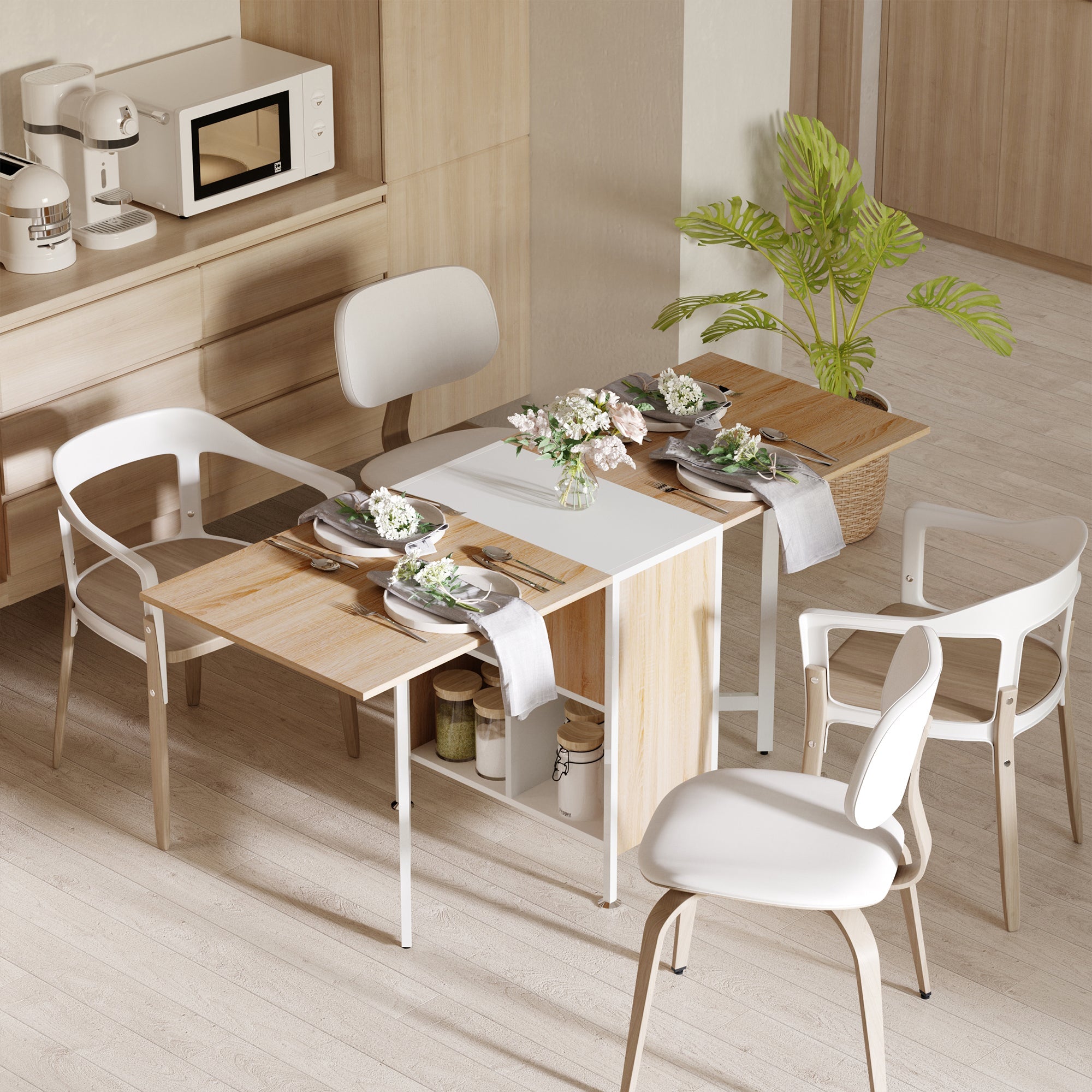 Foldable Dining Table Folding Workstation for Small Space with Storage Shelves Cubes Oak & White-0