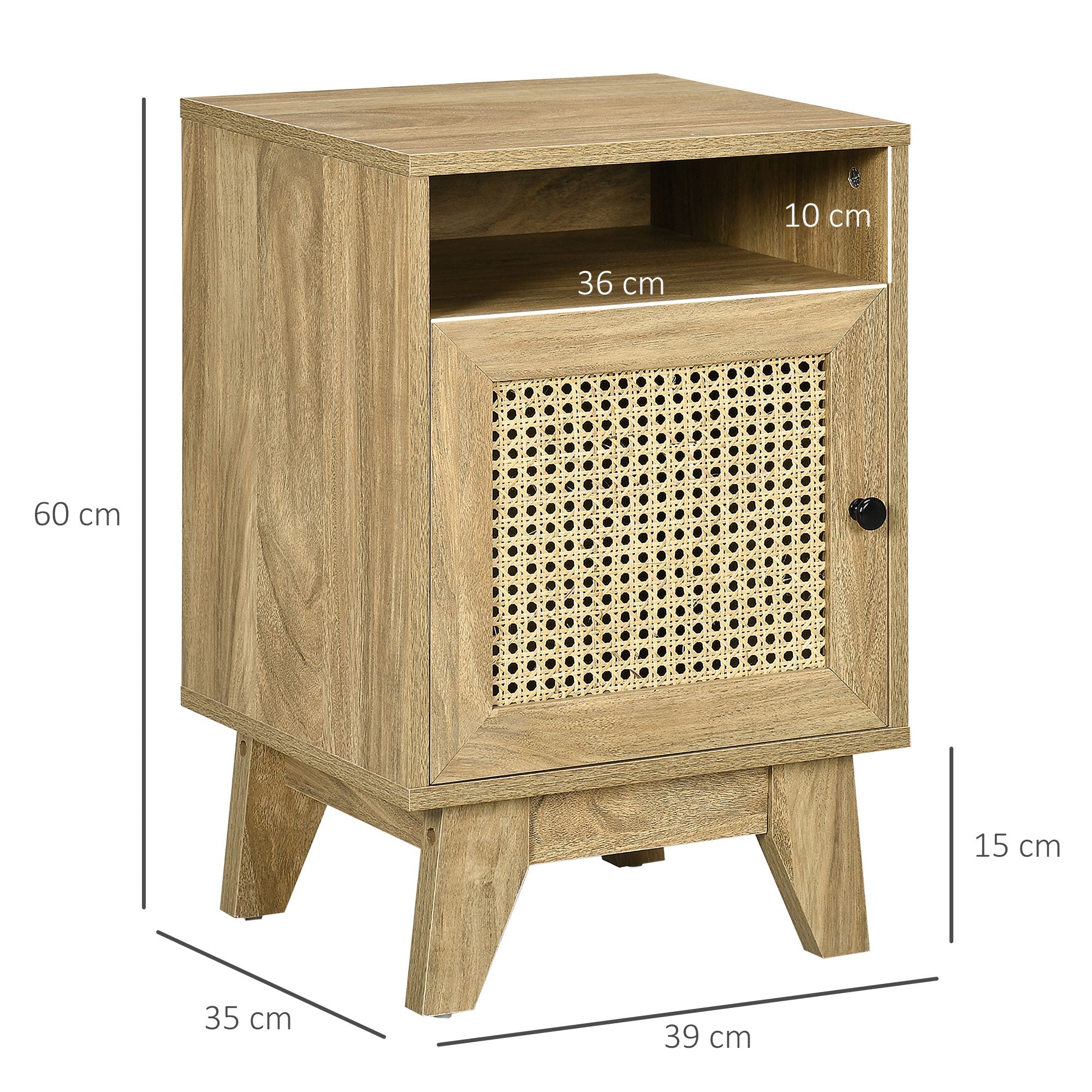 Bedside Table with Rattan Element, Side End Table with Shelf and Cupboard, 39cmx35cmx60cm, Natural-2