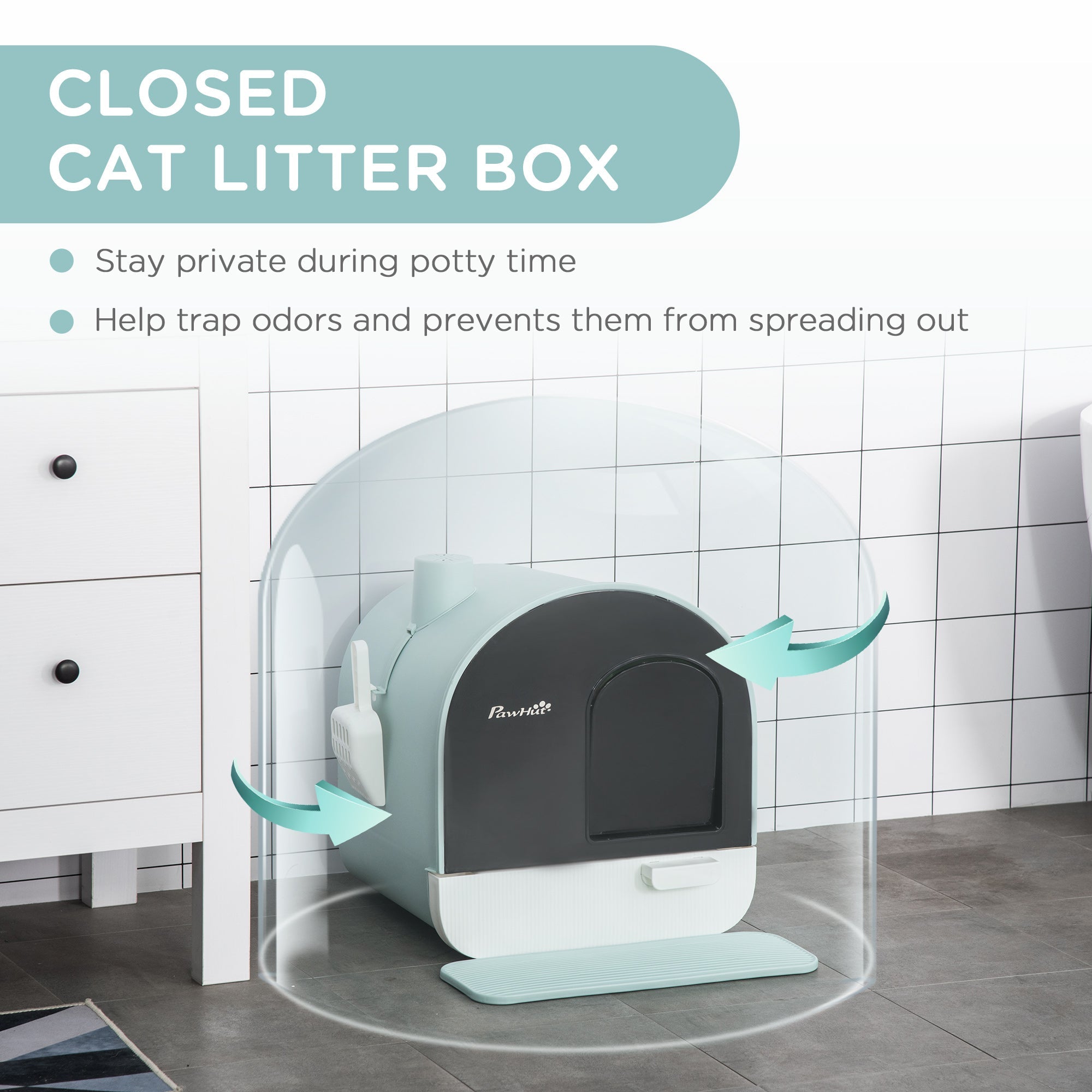 Cat Litter Box Kitten Litter Tray with Hood Scoop Filter Flap Door, 43x44x47 cm, Green-4
