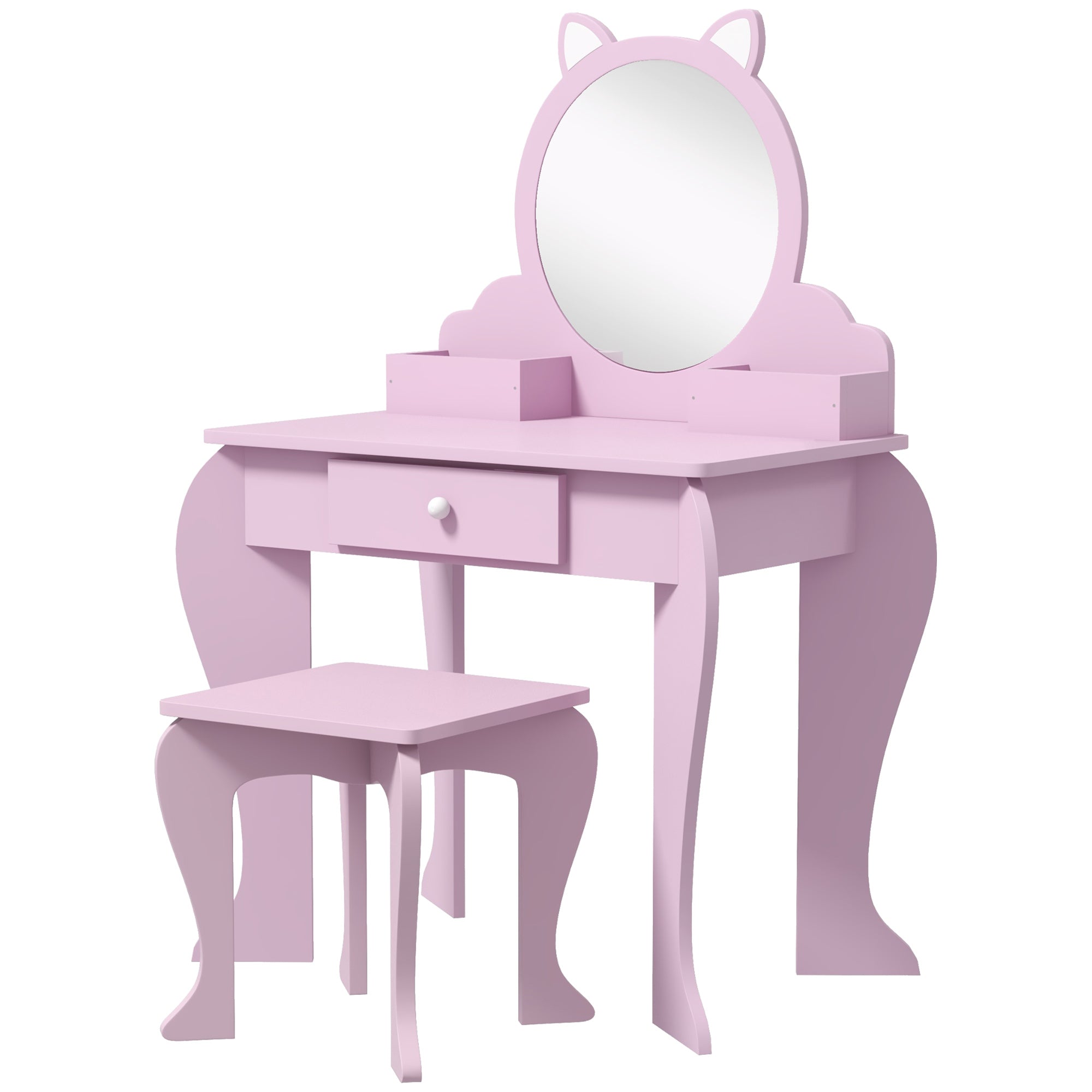 Kids Vanity Table with Mirror and Stool, Cat Design, Drawer, Storage Boxes, for 3-6 Years Old - Pink-0