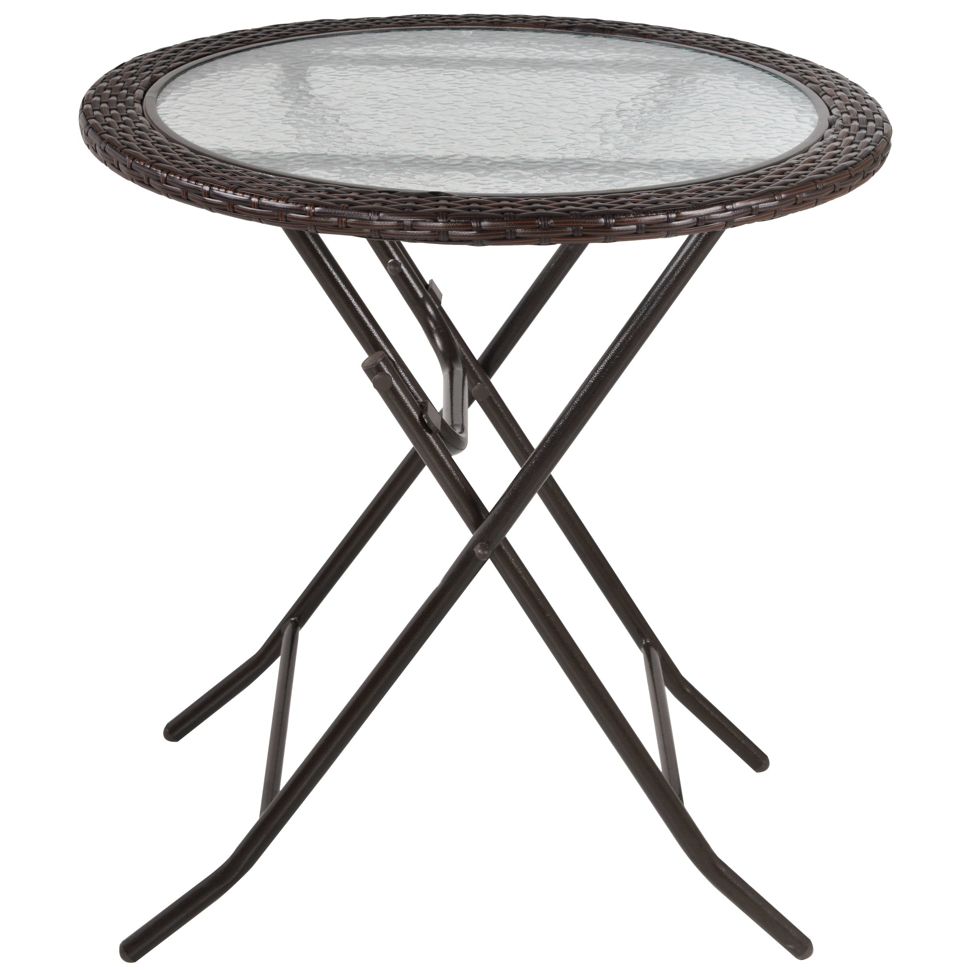 Folding Round Tempered Glass Metal Table with Brown Rattan Edging-0