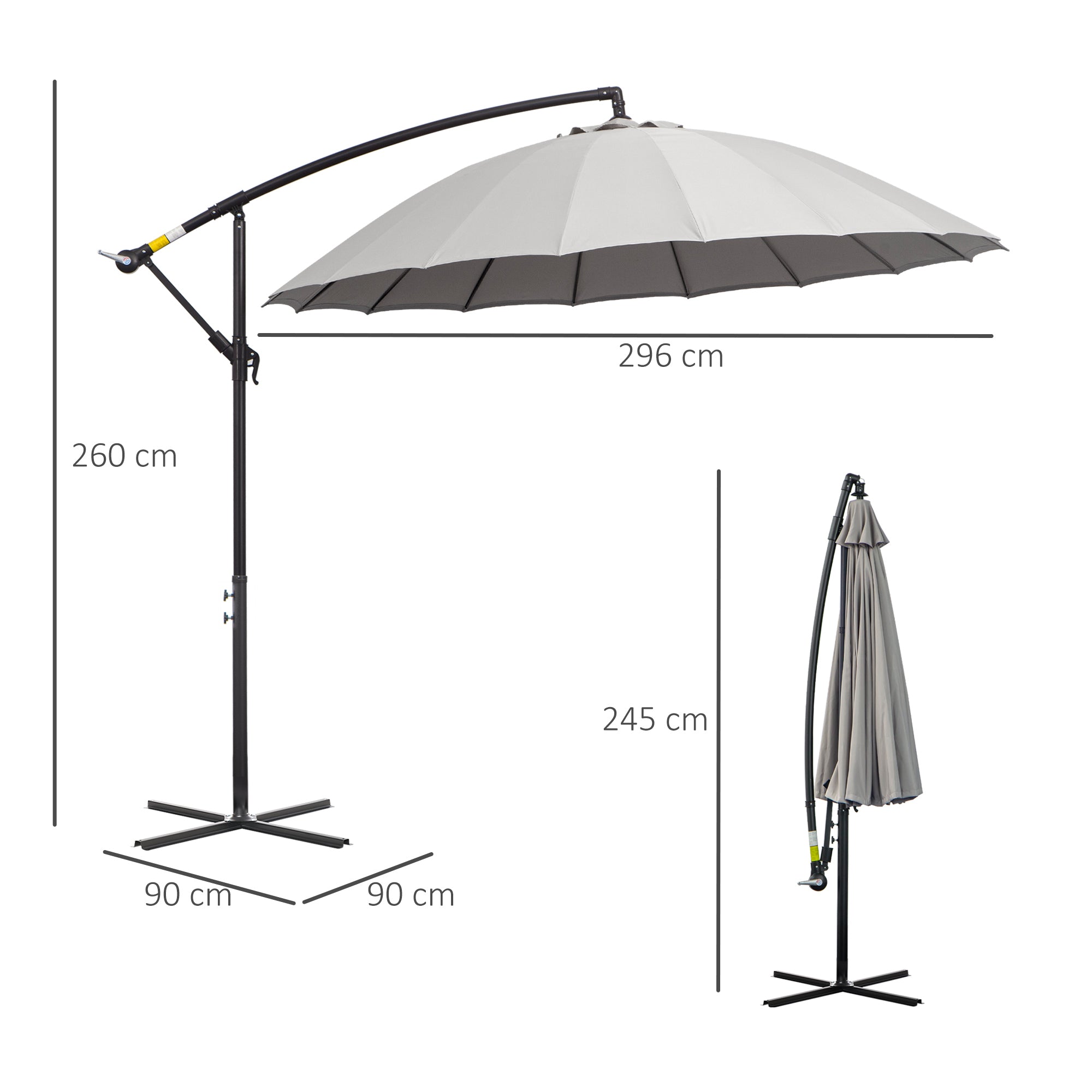 3(m) Cantilever Garden Hanging Banana Sun Umbrella with Crank Handle, 18 Sturdy Ribs and Cross Base, Grey-2
