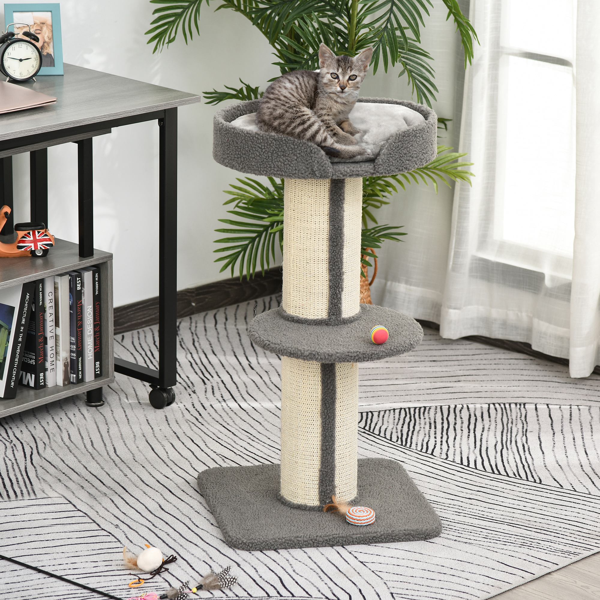 81cm Cat Tree with Sisal Scratching Post, Cat Tower Kitten Activity Center climbing frame with large platform Lamb Cashmere Perch, Grey-1
