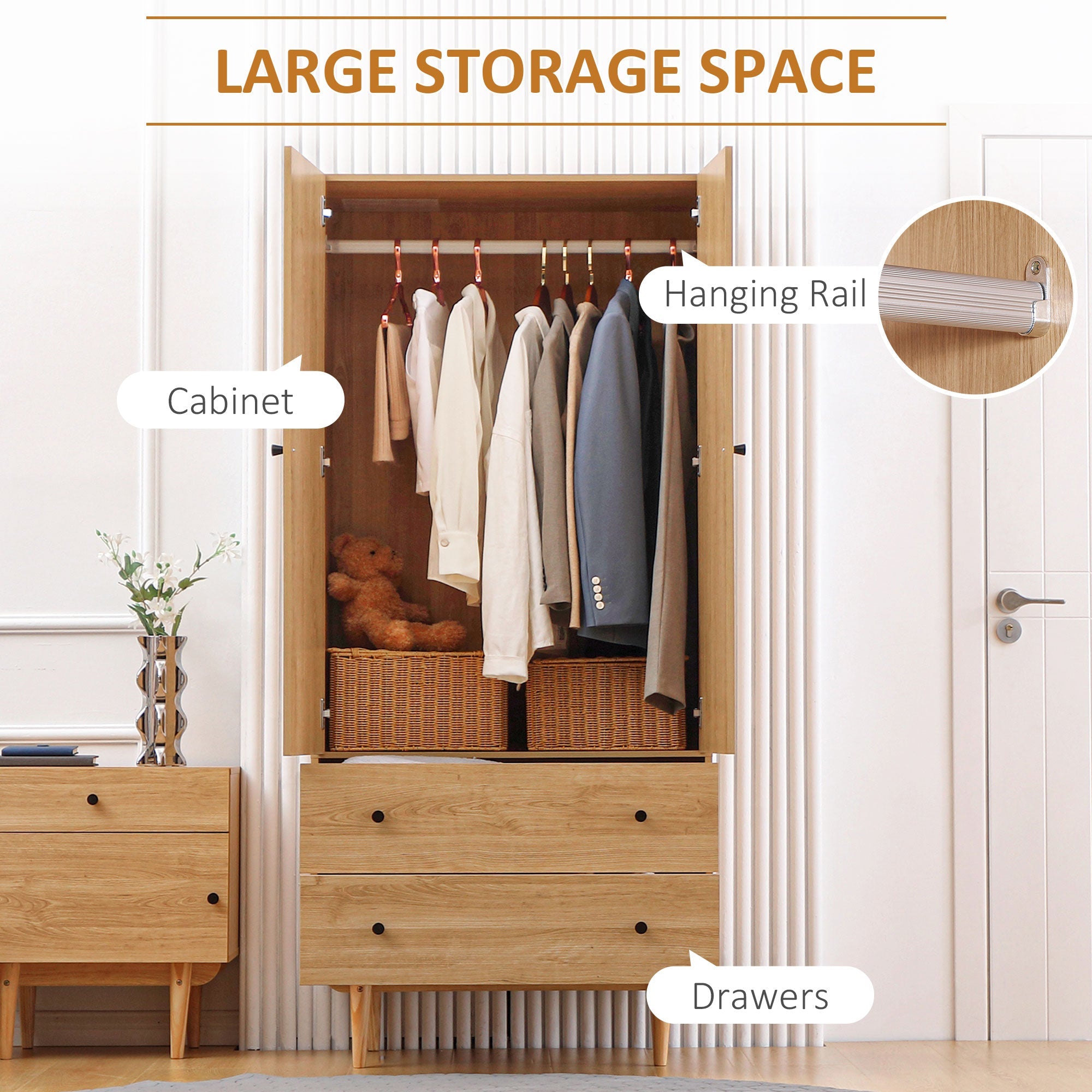 Wardrobe with 2 Doors, 2 Drawers, Hanging Rail for Bedroom Clothes Storage Organiser, 80x52x180cm, Natural Tone-4