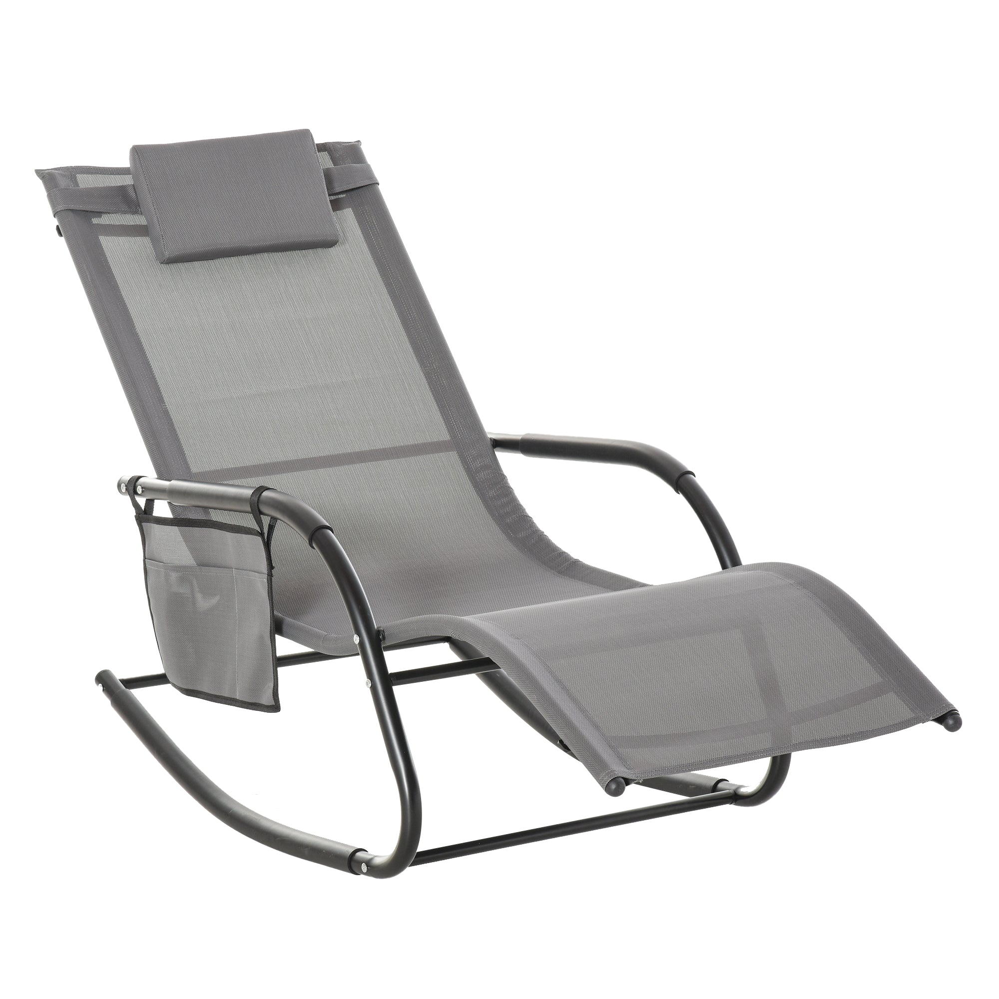 Breathable Mesh Rocking Chair Patio Rocker Lounge for Indoor & Outdoor Recliner Seat w/ Removable Headrest for Garden and Patio Grey-0
