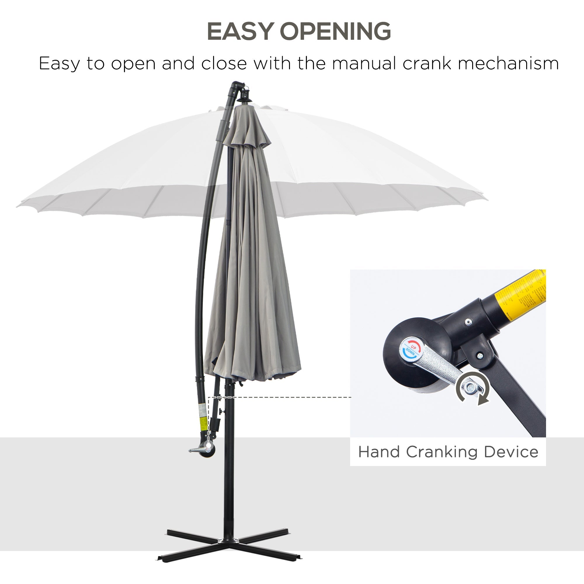 3(m) Cantilever Garden Hanging Banana Sun Umbrella with Crank Handle, 18 Sturdy Ribs and Cross Base, Grey-3