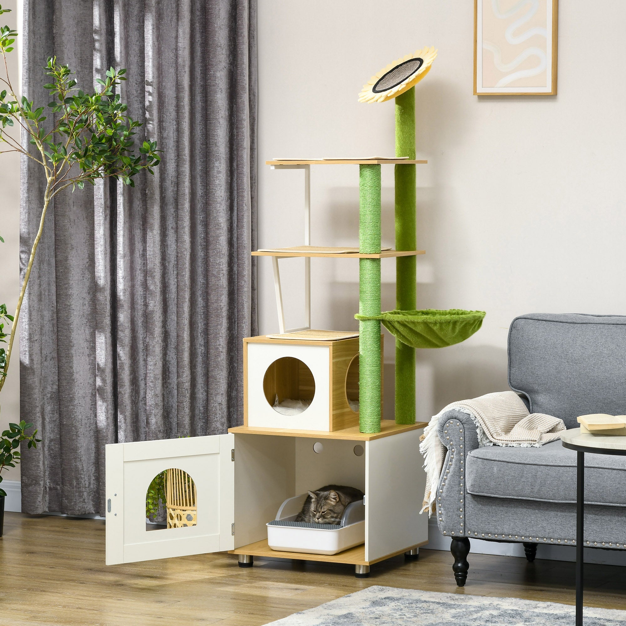 Cat Tree with Cat Litter Box for Indoor Cats, Cat Enclosure with Scratching Post, Cat Condo, Hammock, Platforms, Removable Cushions, Oak-1