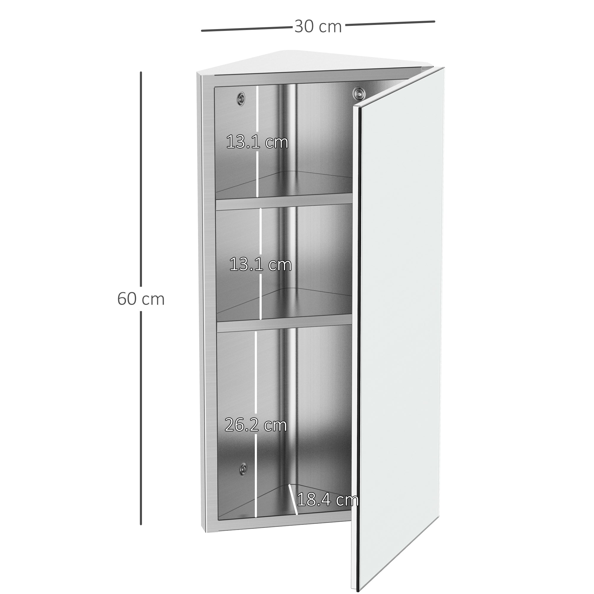 Mirror Cabinet for Bathroom Mirror Cupboard Corner Stainless Steel Wall mounted Single Door 300mm (W)-2