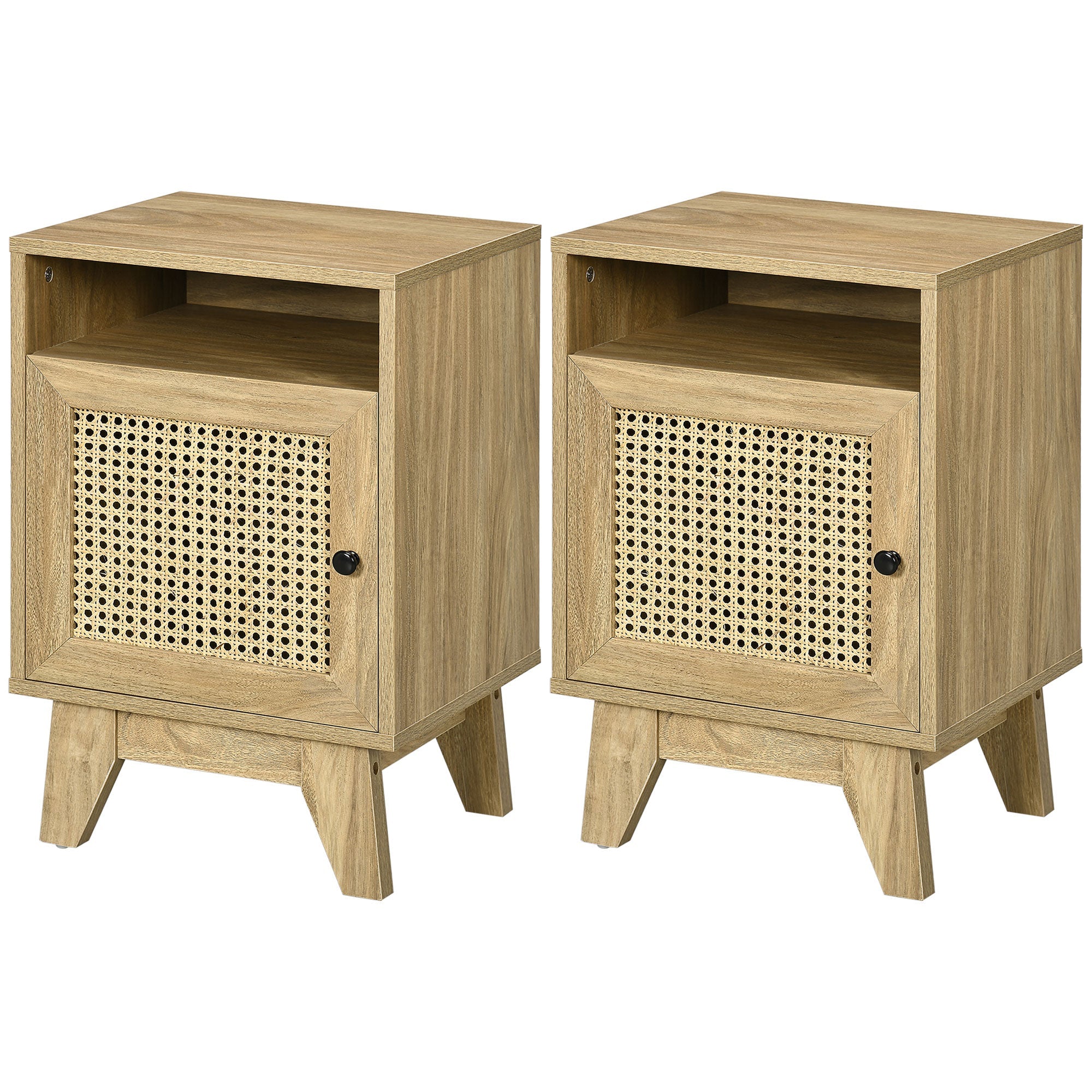 Bedside Table with Rattan Element, Side End Table with Shelf and Cupboard, 39cmx35cmx60cm, Natural-0