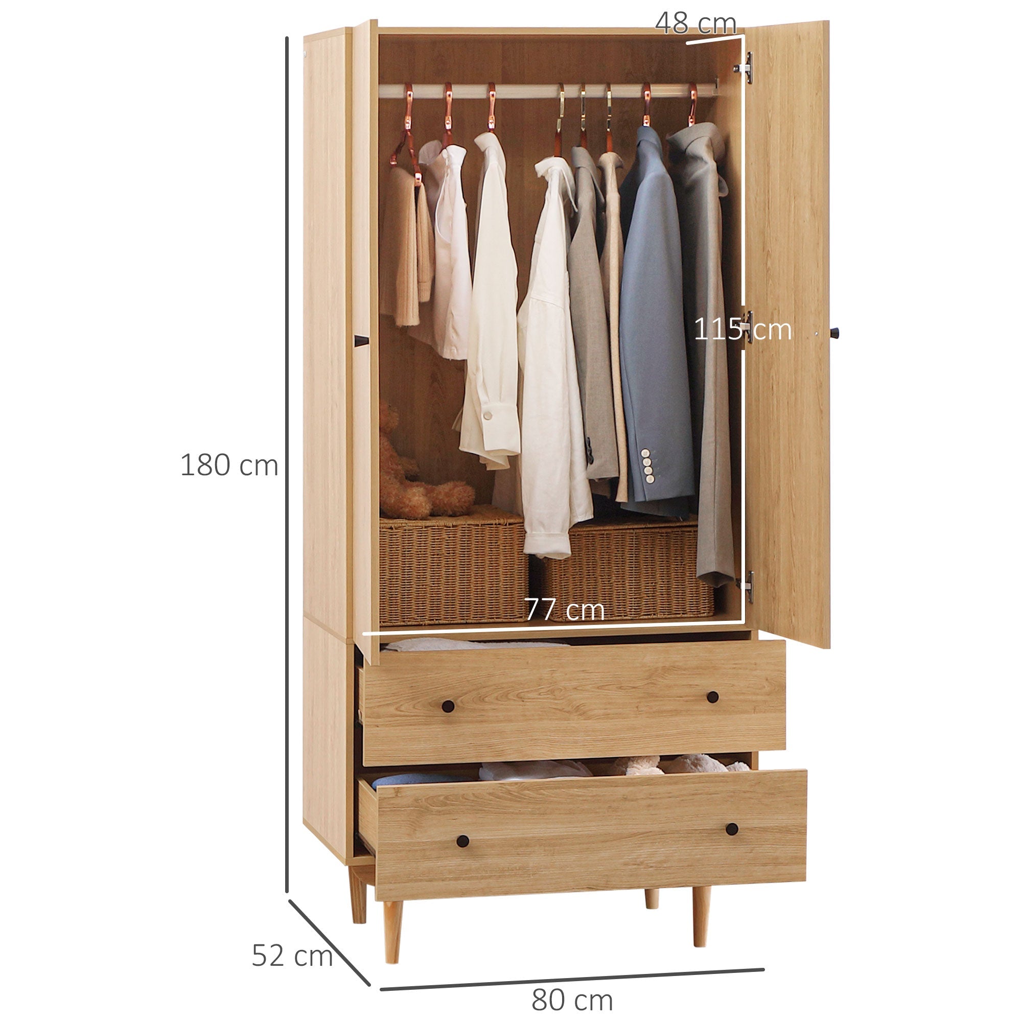 Wardrobe with 2 Doors, 2 Drawers, Hanging Rail for Bedroom Clothes Storage Organiser, 80x52x180cm, Natural Tone-2