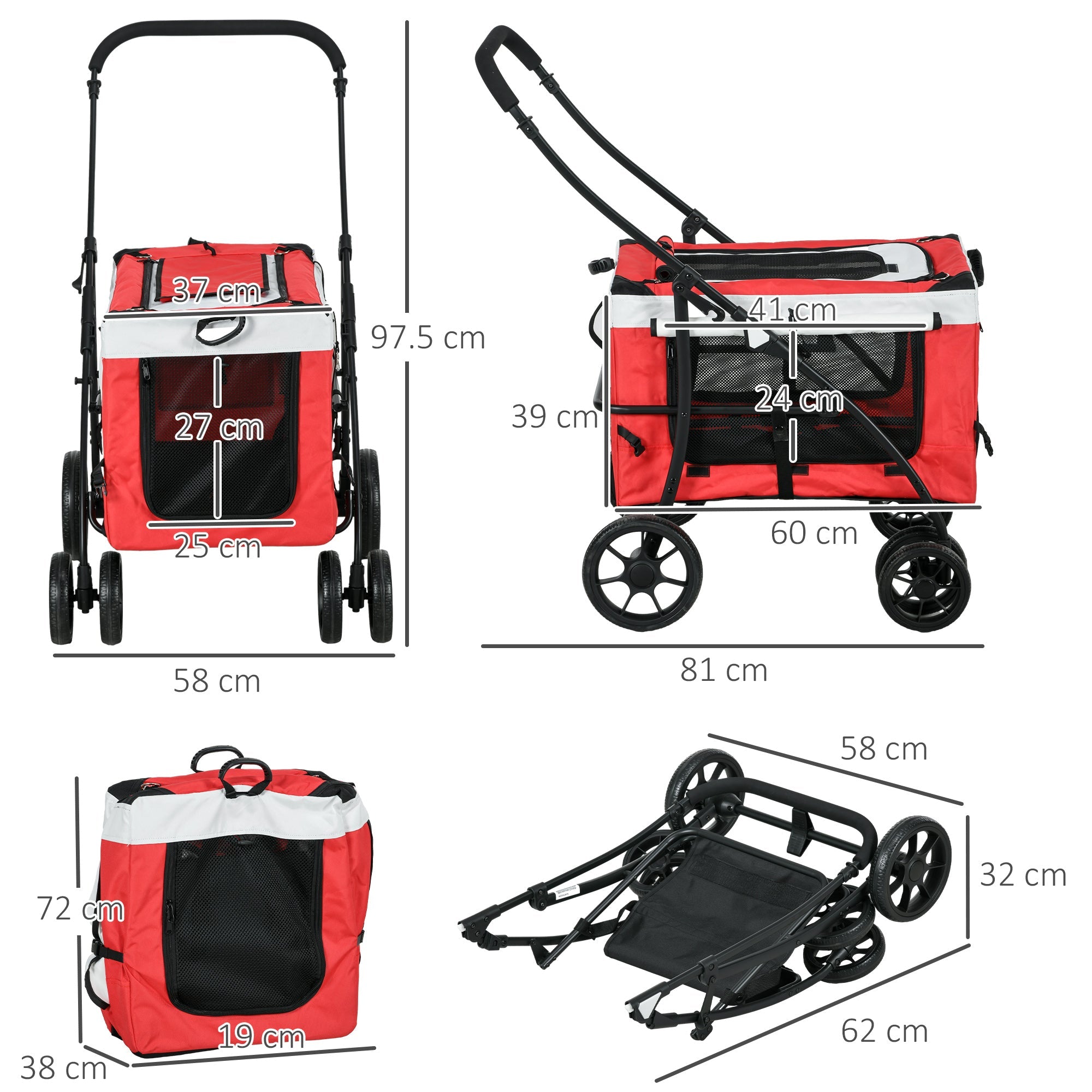 Foldable Dog Stroller, Pet Travel Crate, with Detachable Carrier, Soft Padding, for Mini, Small Dogs - Red-2