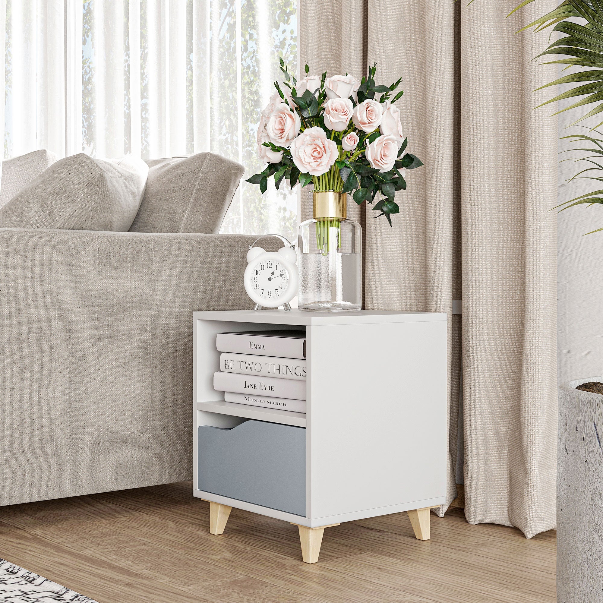 Modern Bedside Table, Side End Table with Shelf, Drawer and Wood Legs, 36.8cmx33cmx43.8cm, White and Grey-1