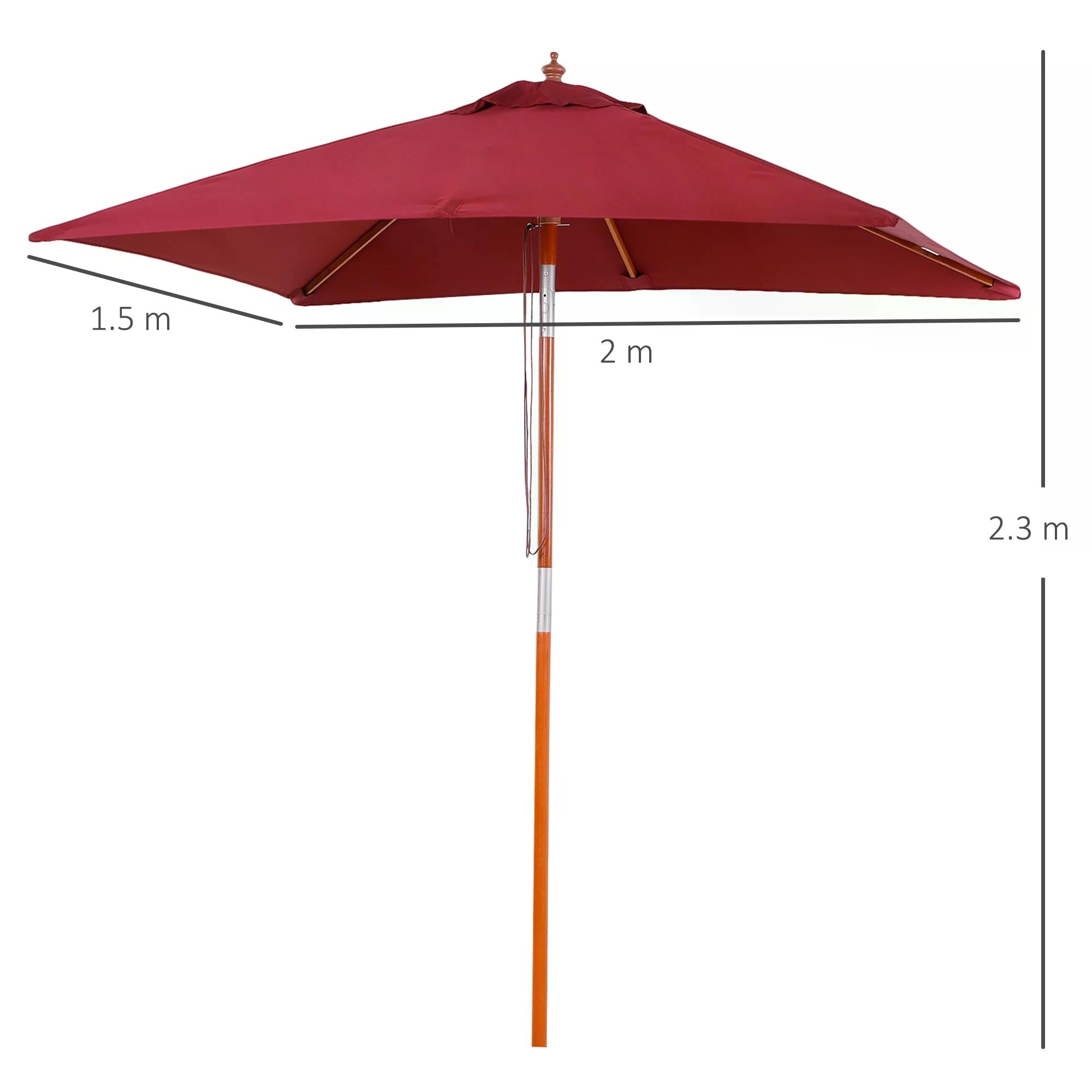 2 x 1.5m Patio Garden Parasol Sun Umbrella Sunshade Canopy Outdoor Backyard Furniture Fir Wooden Pole 6 Ribs Tilt Mechanism - Wine Red-2
