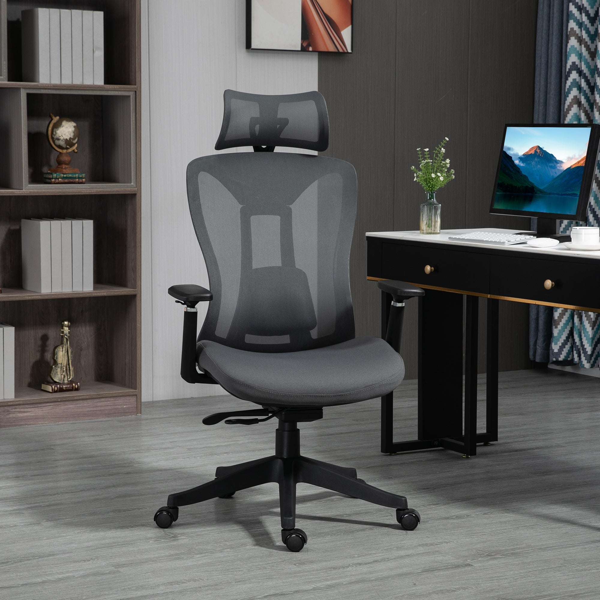 Mesh Office Chair, Reclining Desk Chair with Adjustable Headrest, Lumbar Support, 3D Armrest, Sliding Seat, Swivel Wheels, Grey-1