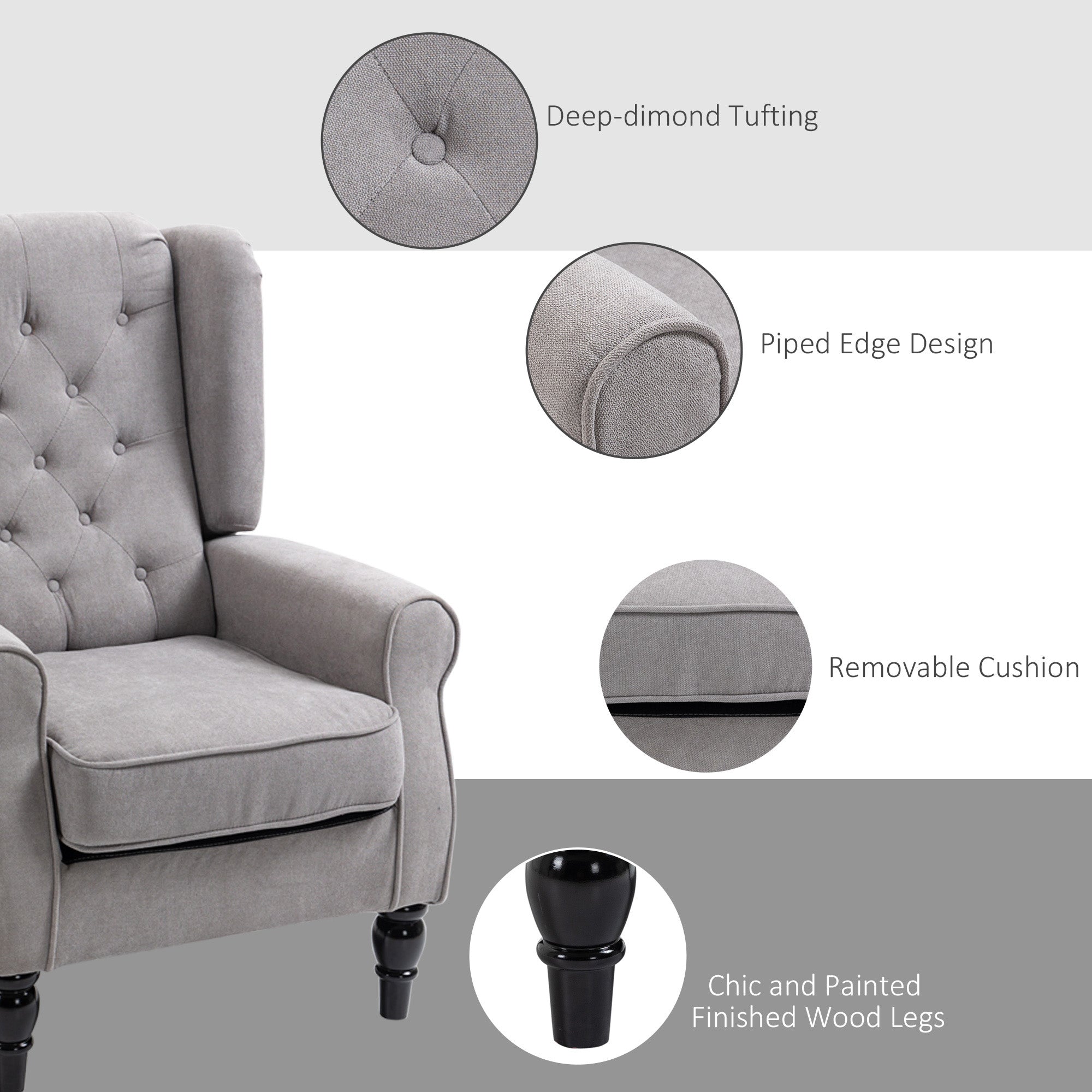 Retro Accent Chair, Wingback Armchair with Wood Frame Button Tufted Design for Living Room Bedroom, Grey-4