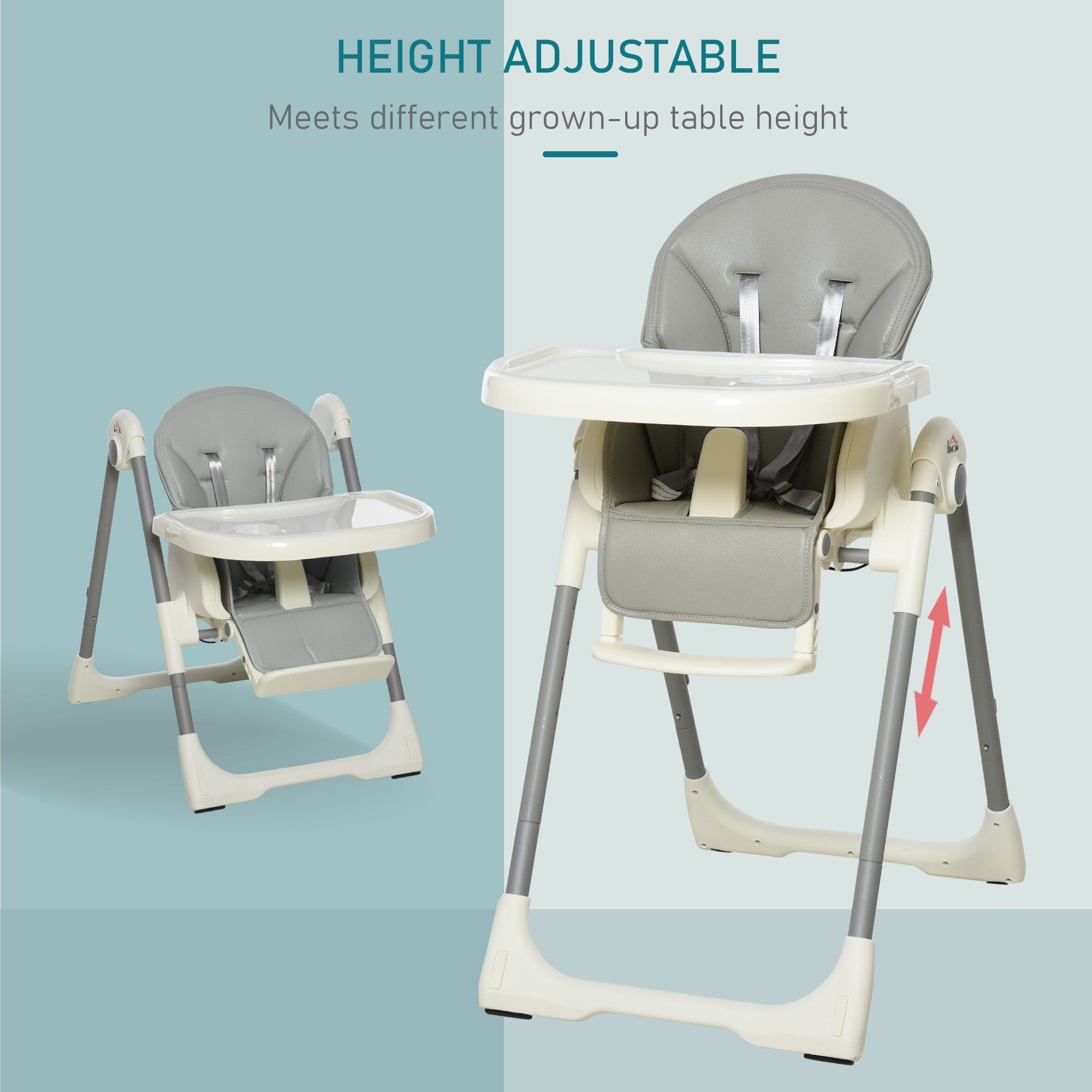 Foldable Baby High Chair Convertible to Toddler Chair Height Adjustable with Removable Tray 5-Point Harness Mobile with Wheels Grey-3
