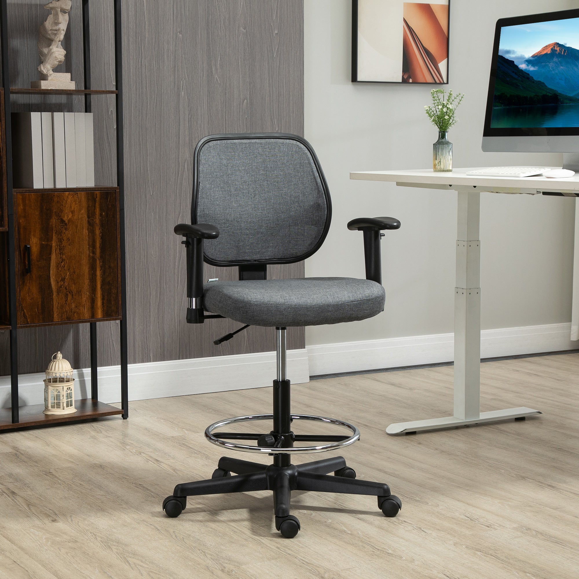 Drafting Chair Tall Office Fabric Standing Desk Chair with Adjustable Footrest Ring, Arm, Swivel Wheels, Grey-1