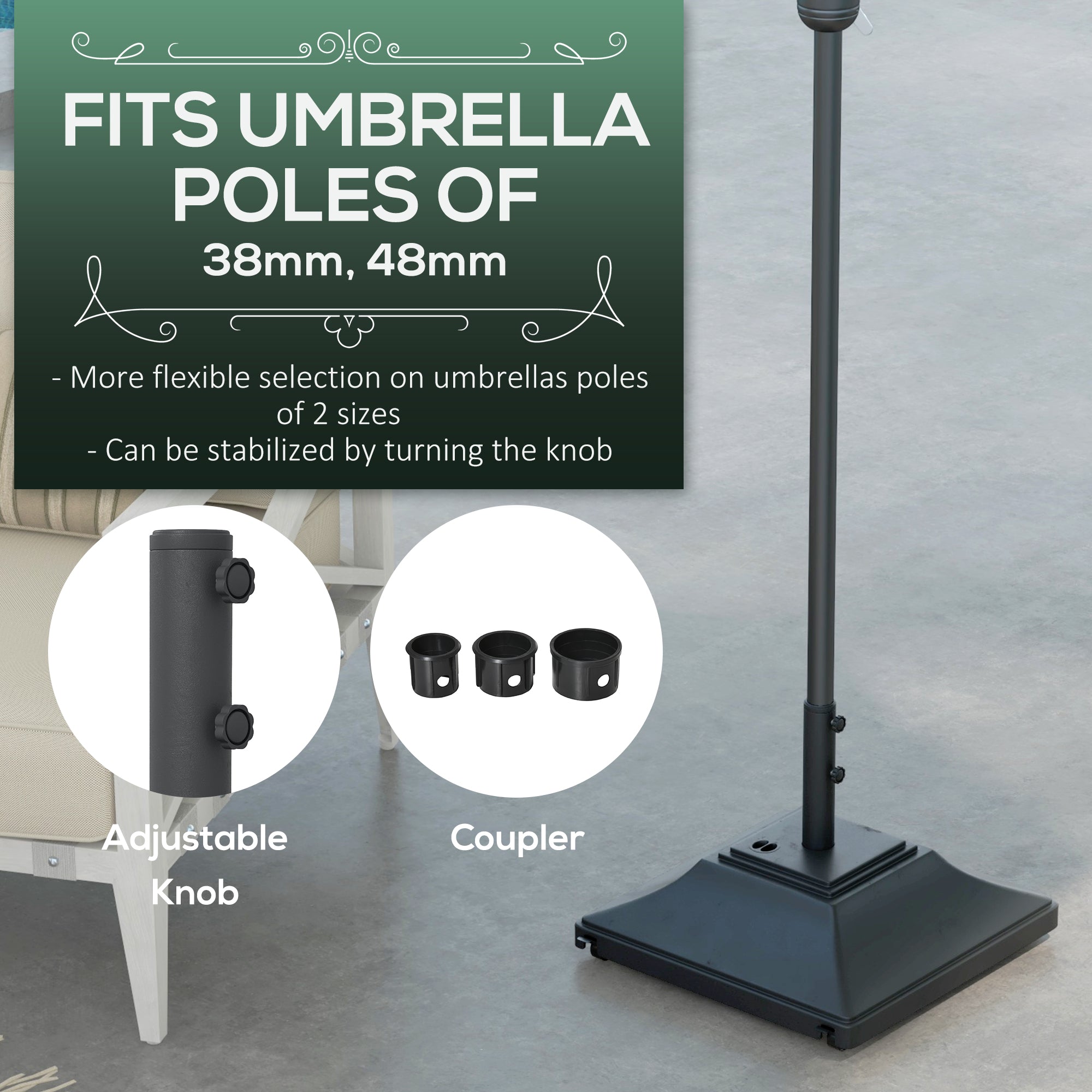 60kg Square Parasol Base with Wheels, 38mm, 48mm Heavy Duty Plastic Umbrella Stand, Fillable Parasol Stand for Outdoor Patio Umbrella, Black-3