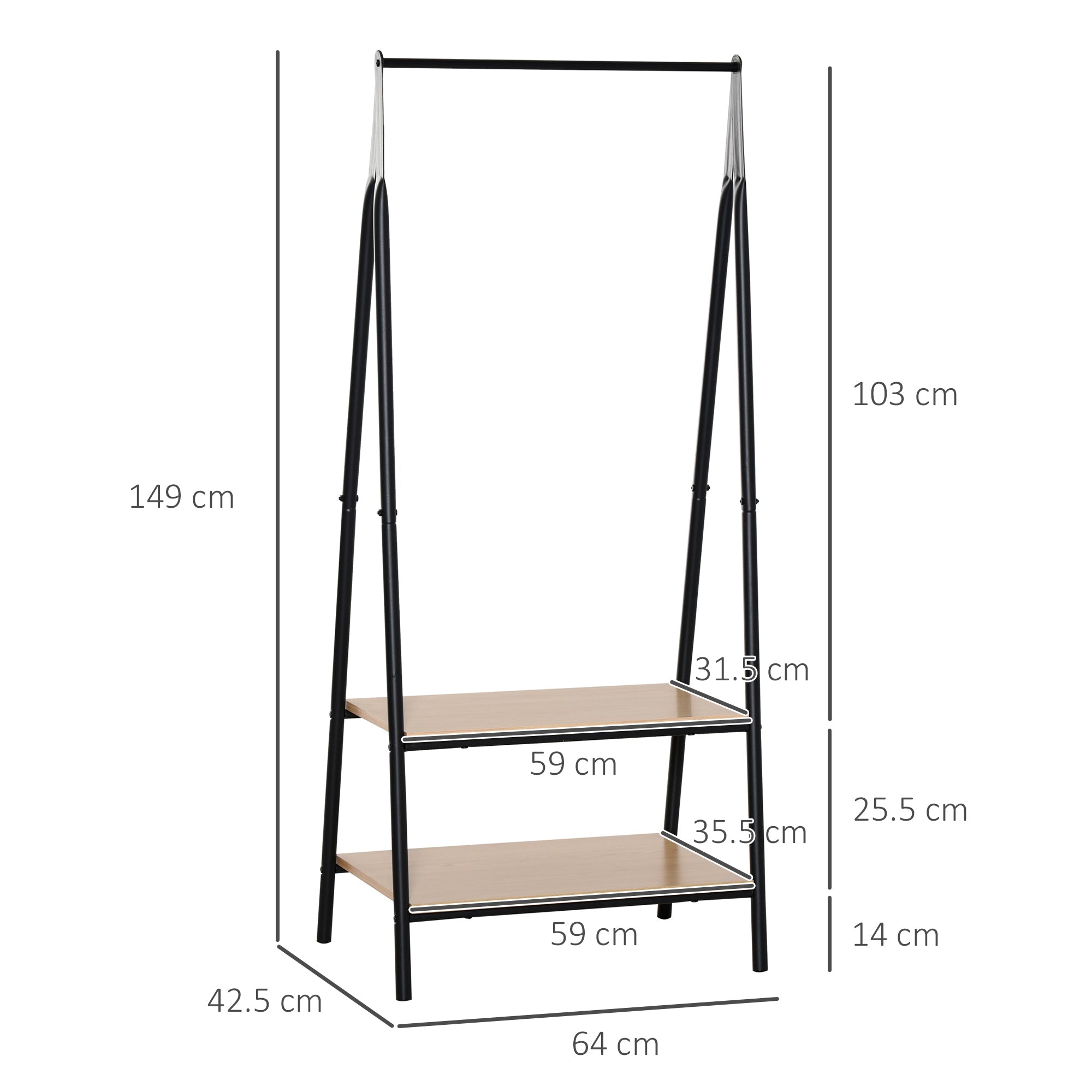 Clothes Rail, Freestanding Metal Clothes Rack with 2 Tier Storage Shelves for Bedroom and Entryway, 64 x 42.5 x 149 cm, Black Frame-2