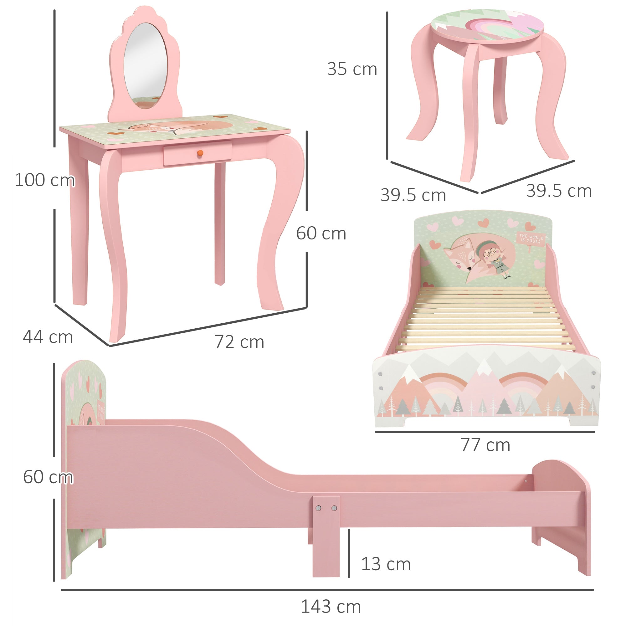 Toddler Bed Frame, Kids Dressing Table with Mirror and Stool, Cute Animal Design Kids Bedroom Furniture Set for Ages 3-6 Years, Pink-2