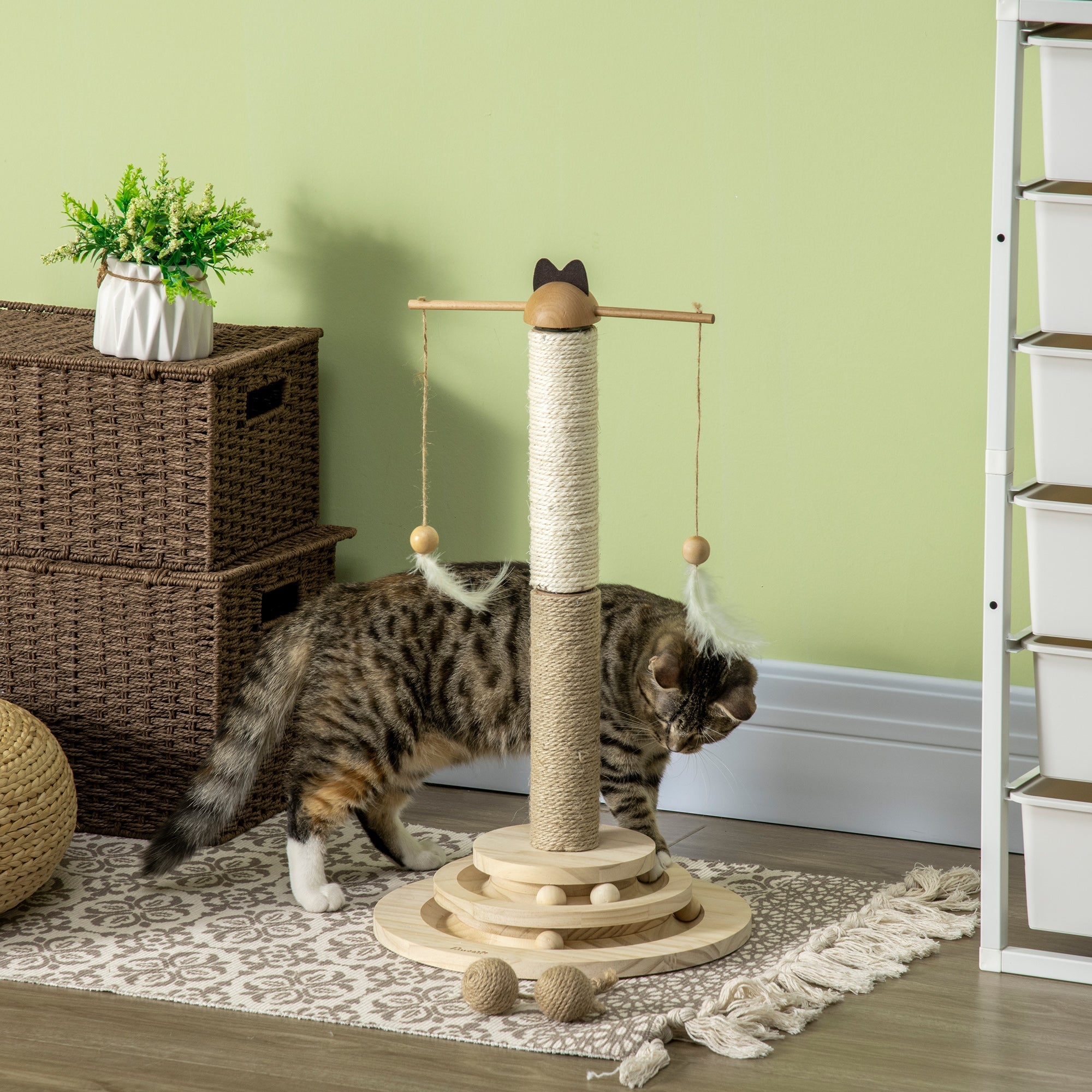 56cm Cat Tree, Kitty Activity Center with Turntable Interactive Ball Toy, Cat Tower with Jute & Sisal Scratching Post, Natural-1