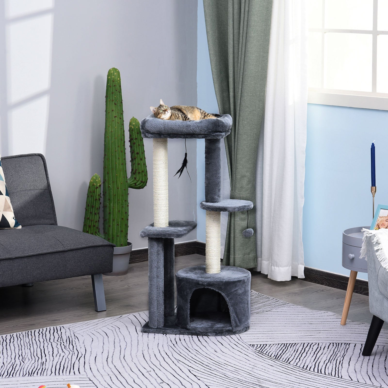 100cm Cat Tree for Indoor Cats, Multi-Activity Cat Tower with Perch House Scratching Post Platform Play Ball Rest Relax, Grey and White-1