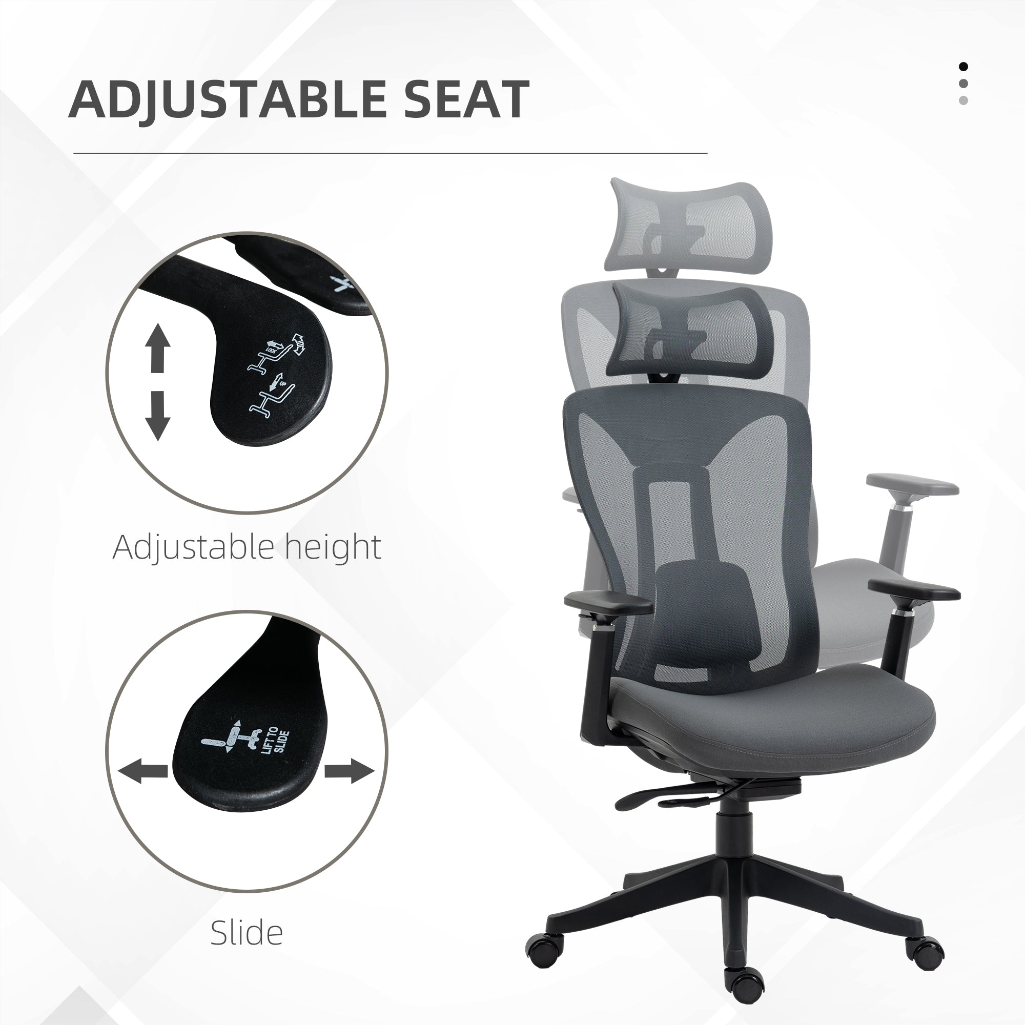 Mesh Office Chair, Reclining Desk Chair with Adjustable Headrest, Lumbar Support, 3D Armrest, Sliding Seat, Swivel Wheels, Grey-3