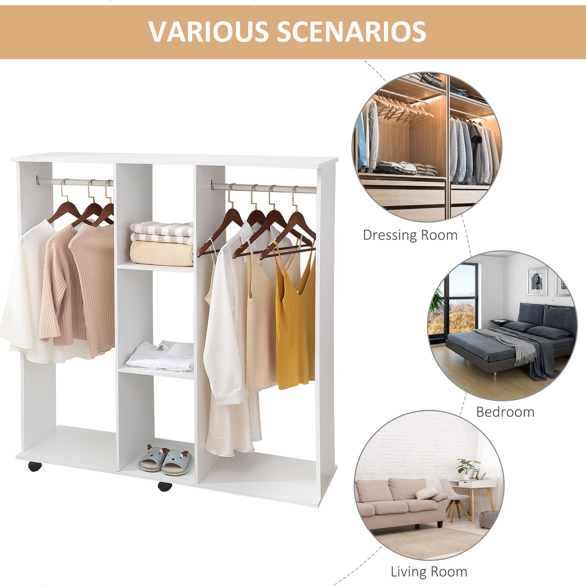 Double Mobile Open Wardrobe With Clothes Hanging Rails Storage Shelves Organizer Bedroom Furniture - White-4
