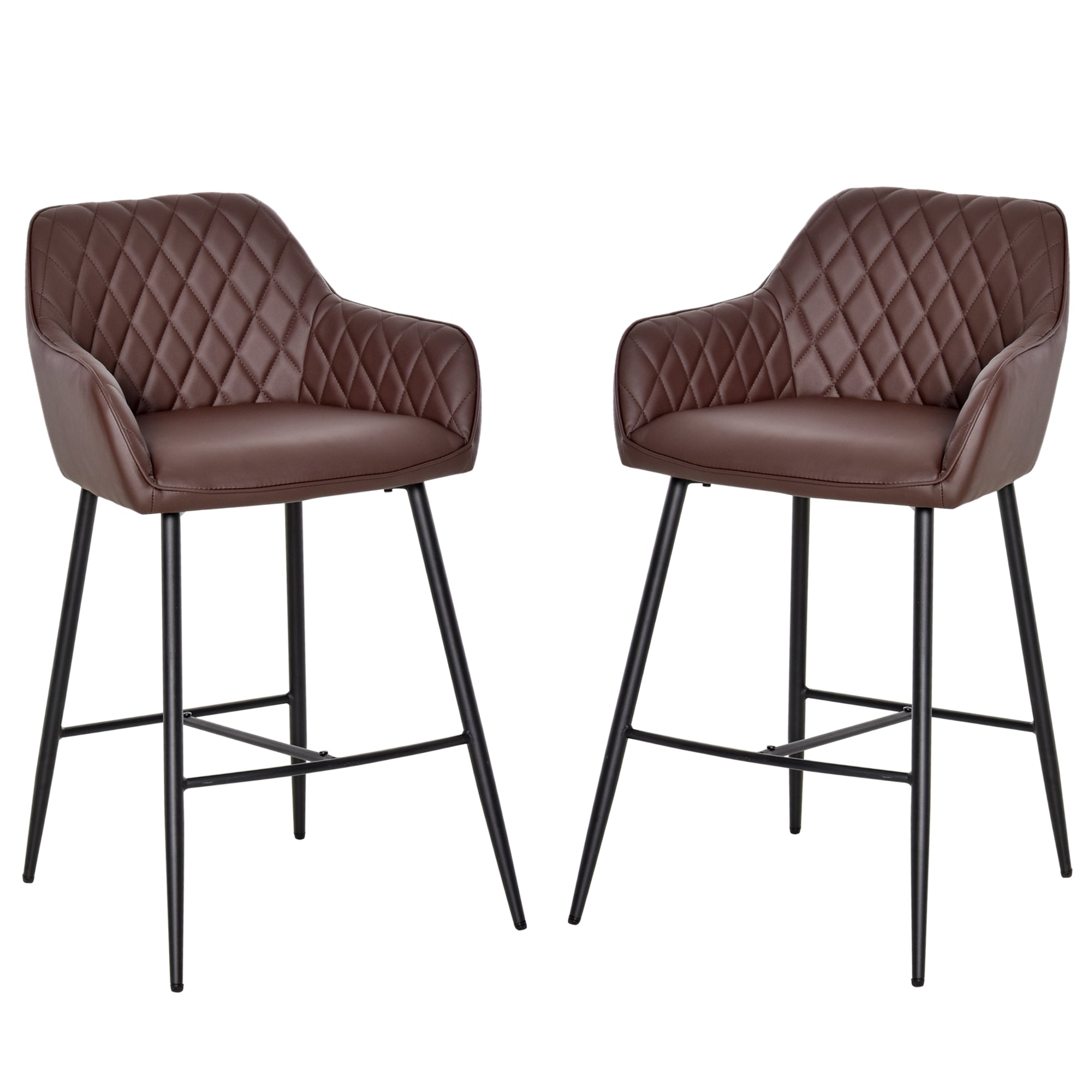 Set of 2 Bar stools With Backs Retro PU Leather Bar Chairs w/ Footrest Metal Frame Comfort Support Stylish Dining Seating Home Brown-0